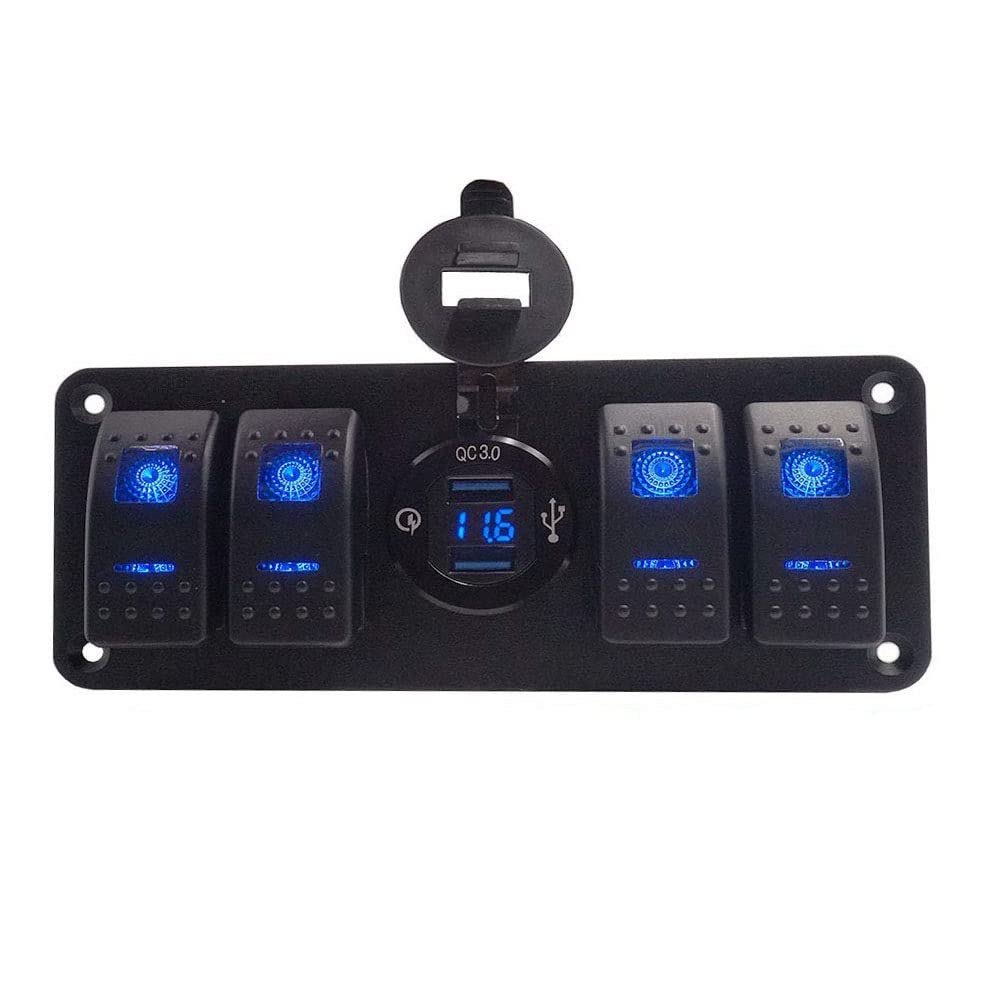 12V-24V DC Marine Switch Panel with Quick Charge Dual USB Ports & Voltmeter - Waterproof Rocker Switch for Boats, RVs, Trucks - Night Glow Stickers for Easy Night Use - Perfect for Marine, Camping & Off-Road Adventures