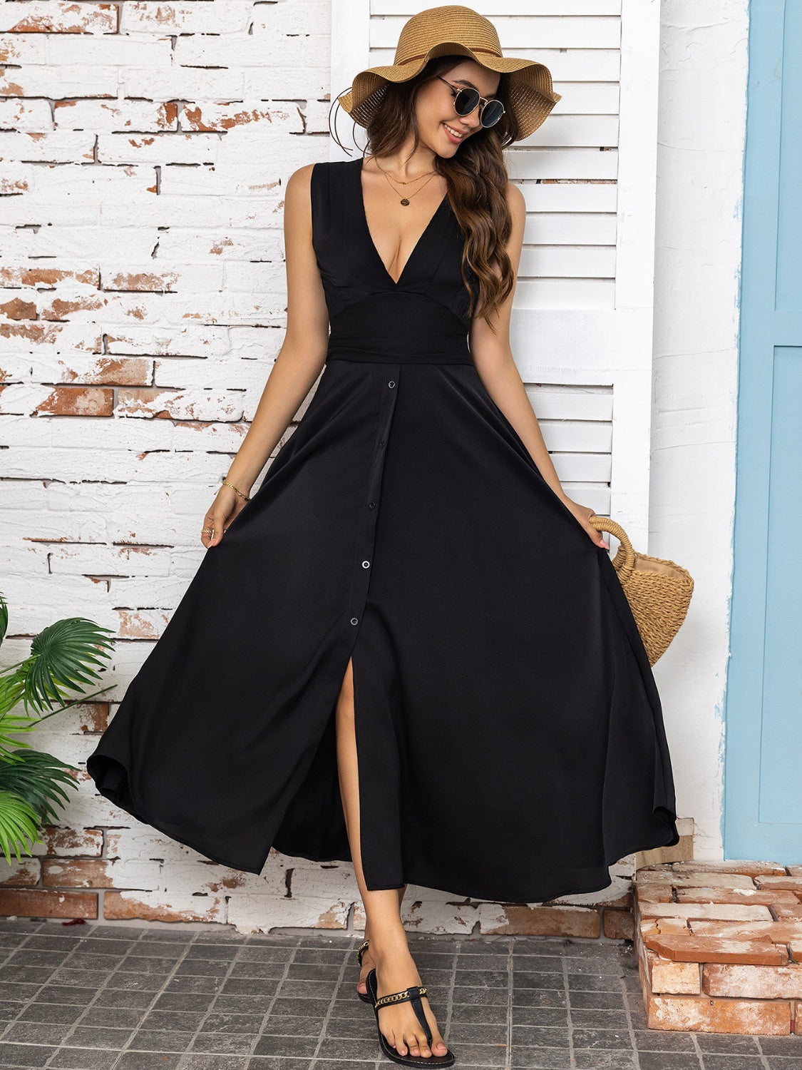 Elegant Full Size Slit V Neck Sleeveless Midi Dress for Women - Summer Casual & Evening Party Wear - Perfect for Beach Vacations, Date Nights & Special Occasions