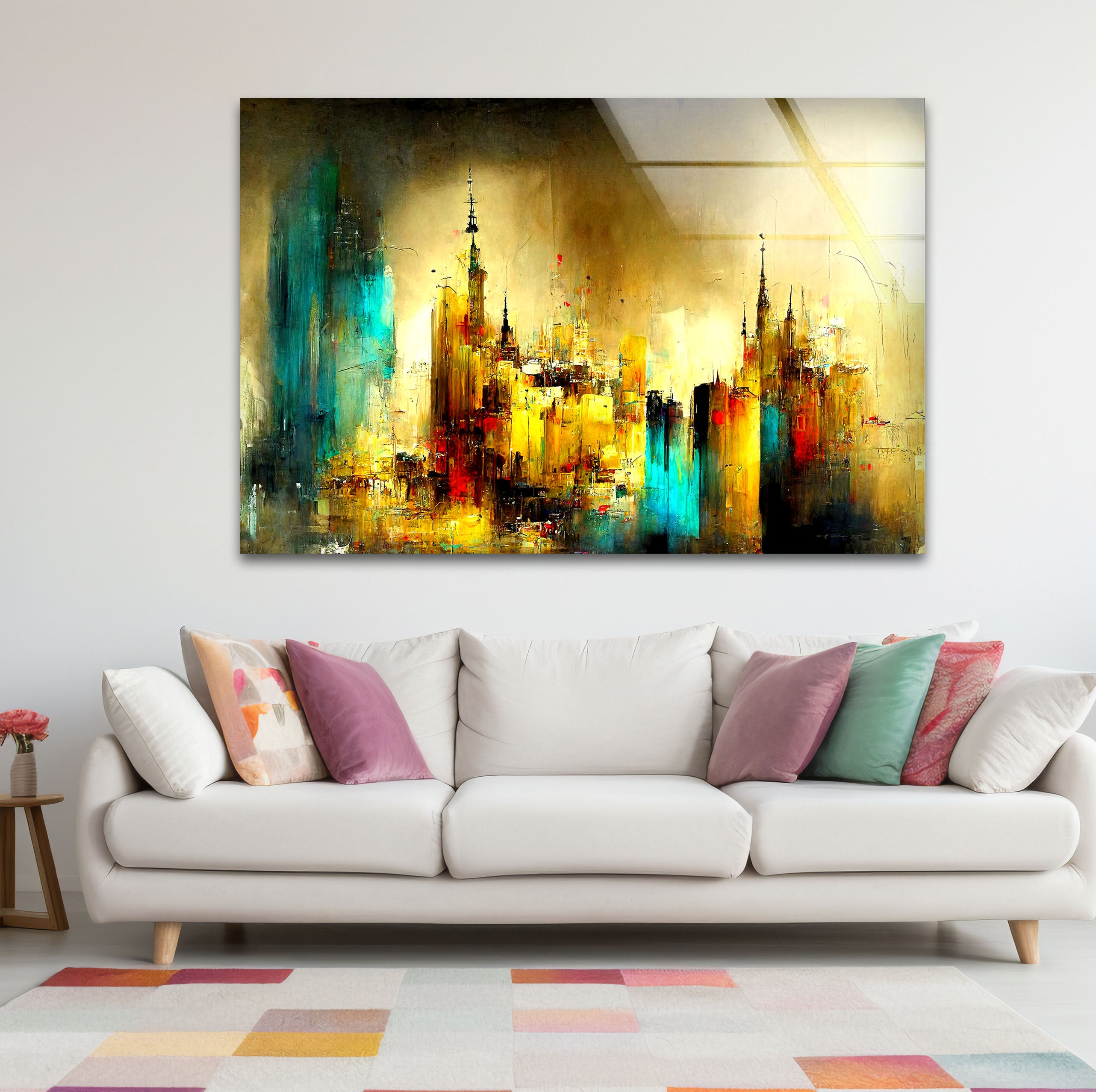 Abstract Cityscape Wall Art - Golden & Teal Urban Glass Print Design | Modern Home Decor for Living Room, Office & Bedroom