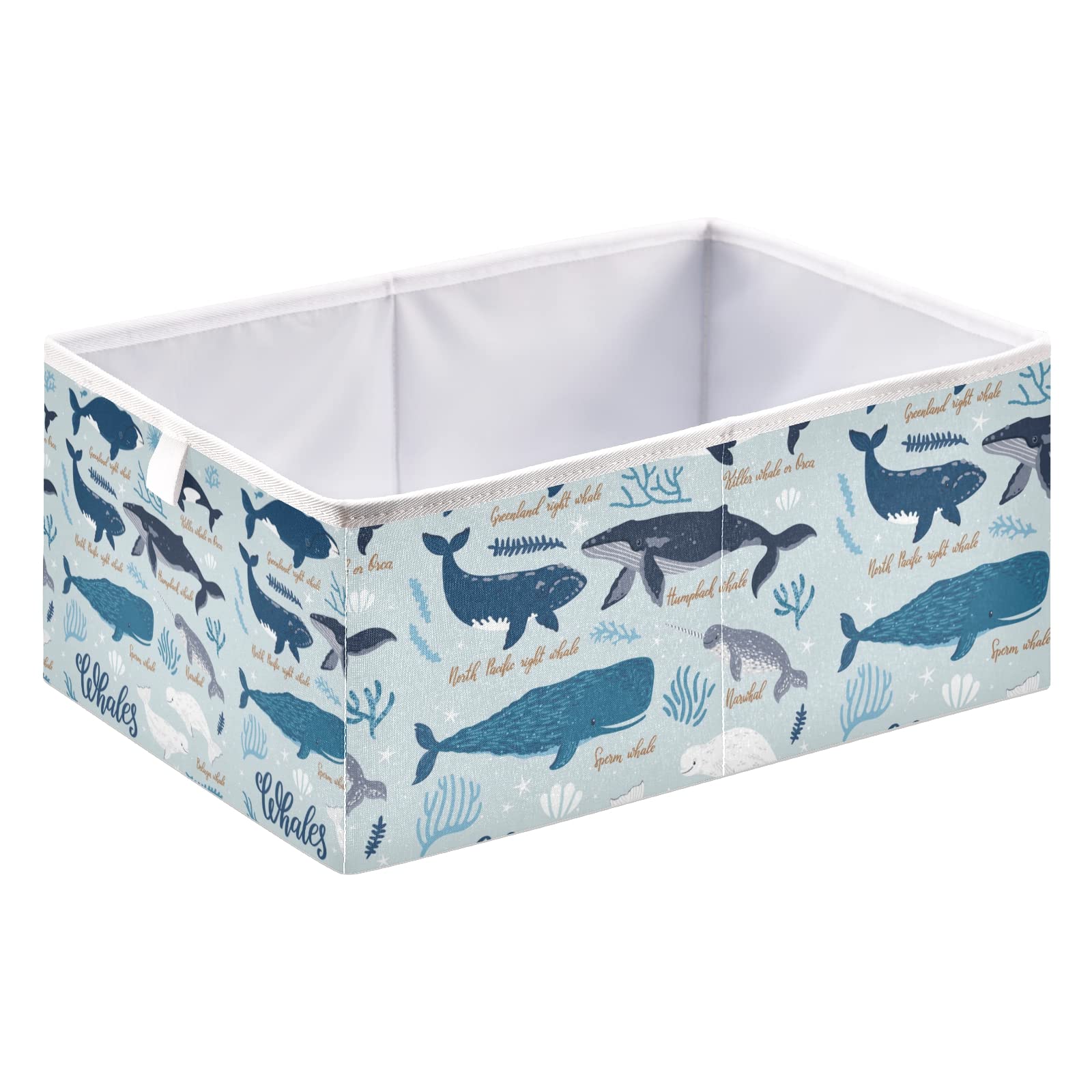 Collapsible Storage Basket Bin - Foldable Rectangular Organizer for Toys, Clothes & Nursery | Light Blue with Whale & Seaweed Design | Easy Assembly for Home, Office & Kids Room Organization