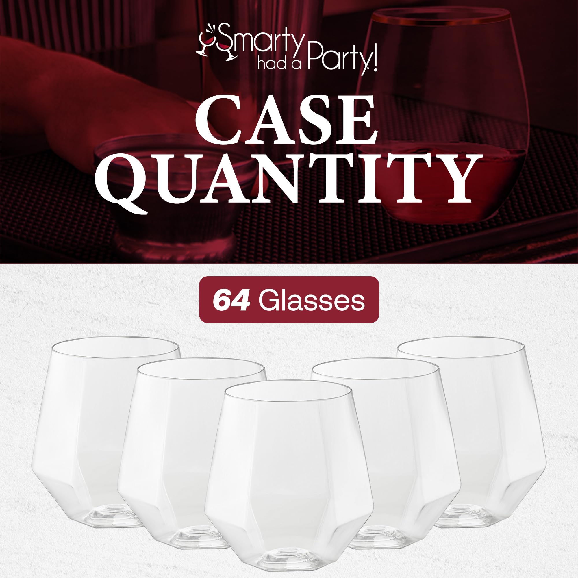 Smarty Had A Party 12 oz Clear Stemless Plastic Wine Goblets - Pack of 64 Unbreakable & Disposable Cups for Weddings, Parties, Events - Perfect for Outdoor Gatherings, Picnics & Catering