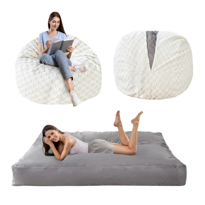 MAXYOYO Jacquard Shaggy Plush Bean Bag Chair with Pouf Set - Space Saving Combo for Living Room, Dorm, Bedroom & Game Room - Soft Bean Bag Bed & Footstool Bundle for Relaxing, Lounging & Gaming