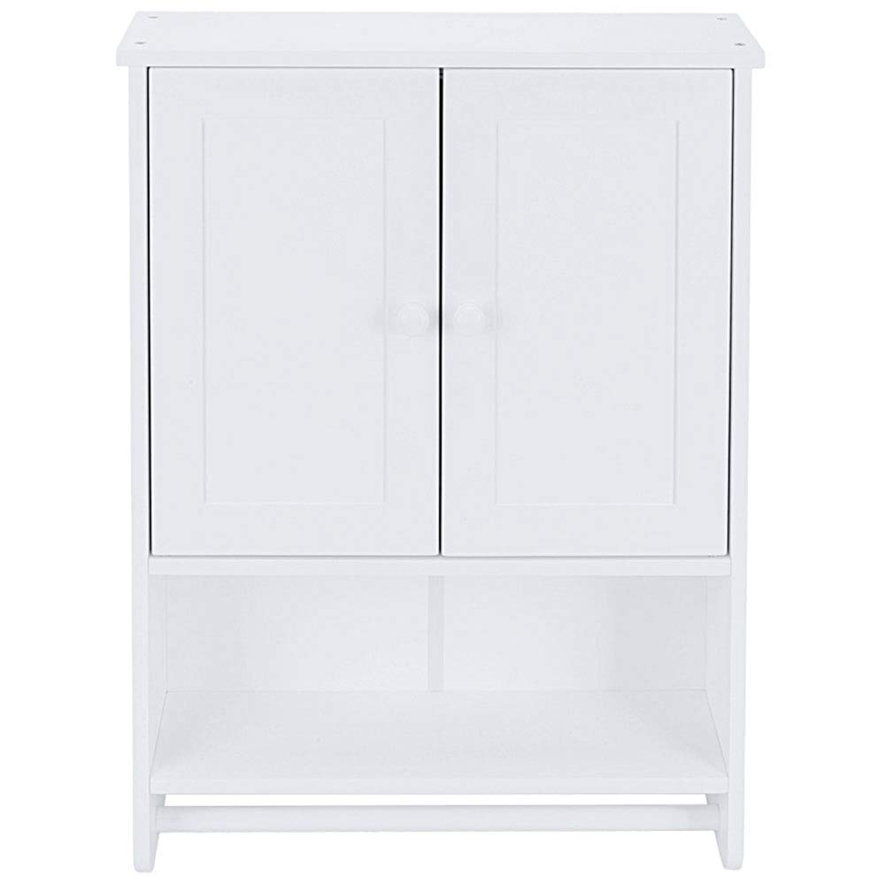 White Wall Mounted Cabinet with Double Doors & Hanging Bar - Bathroom & Kitchen Storage Cupboard for Towels, Dishes & Organizing Essentials