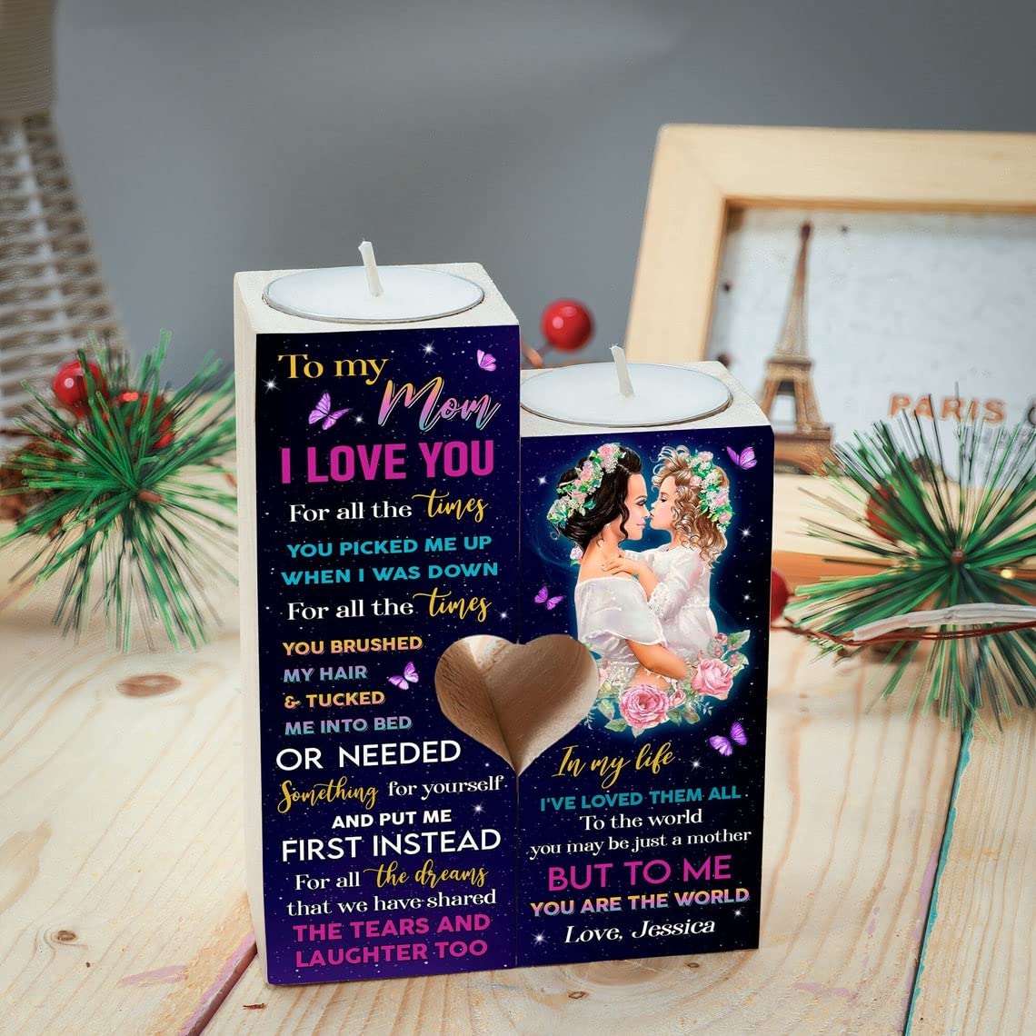 Bijouweled Personalized Wooden Candle Holder - Custom Name & Photo Engraved - Unique Mother's Day, Birthday & Christmas Gift - Home Decor for Living Room, Bedroom & Wedding Centerpieces