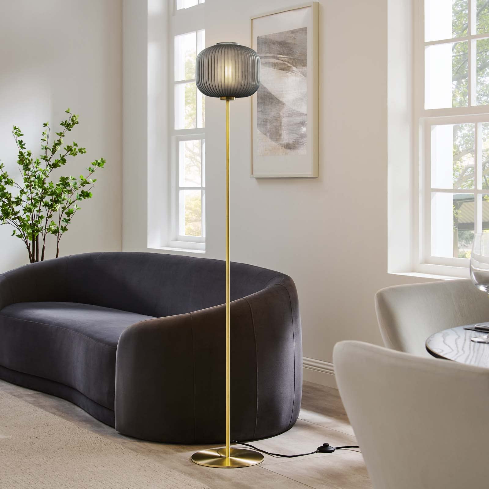 Modway Reprise Black Satin Brass Floor Lamp - Modern Glass Sphere & Metal Design for Living Room, Bedroom, or Office Lighting Decor