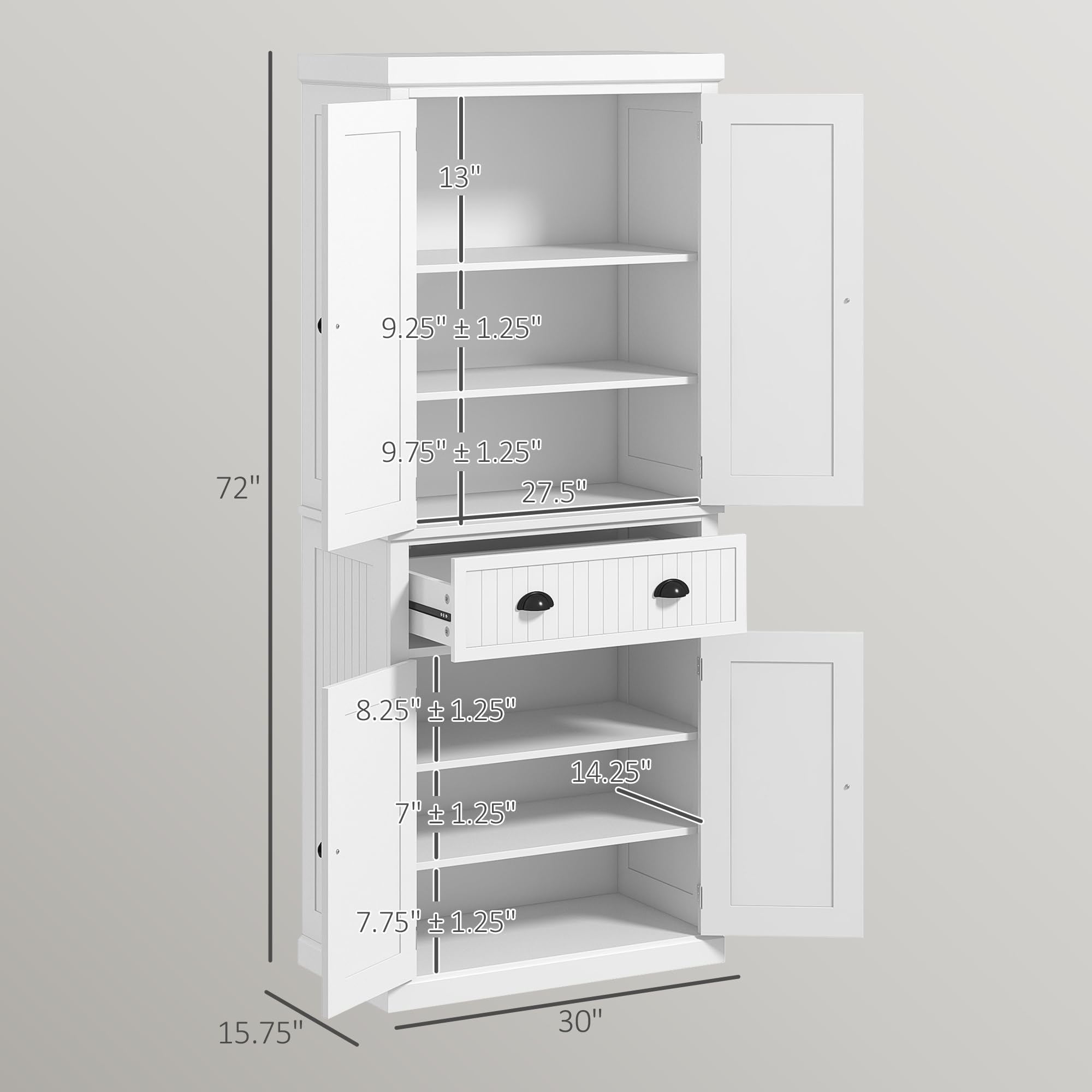 HOMCOM 72 Inch White Freestanding Kitchen Pantry Cabinet with 4 Doors, Drawer & 3 Adjustable Shelves - Tall Storage Cabinet for Dining Room, Kitchen, or Living Room Organization