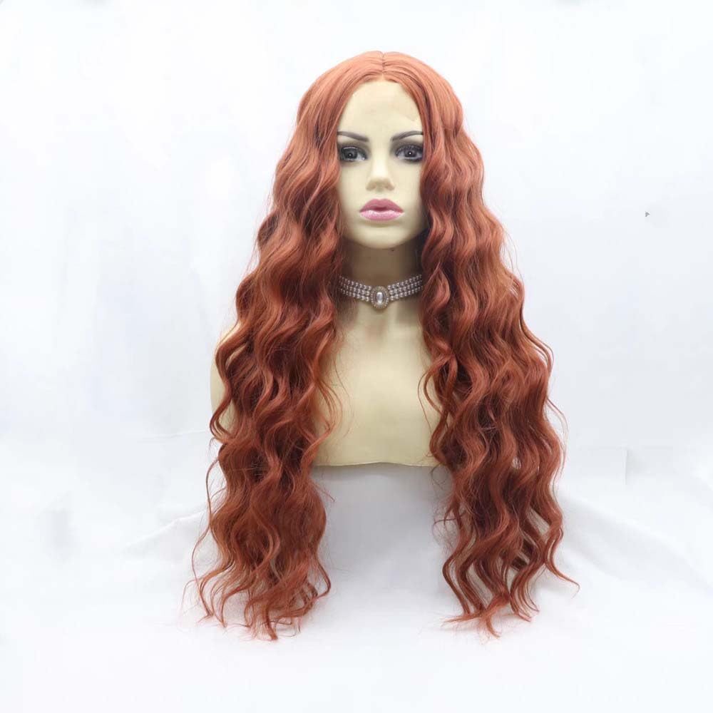350# Color Copper Red Synthetic Lace Front Wig for Women - Heat Resistant Brown Red Loose Wave Human Hair Wig with 1x4 Lace, Middle Part, 24 Inch - Perfect for Cosplay, Halloween, Daily Wear & Special Occasions