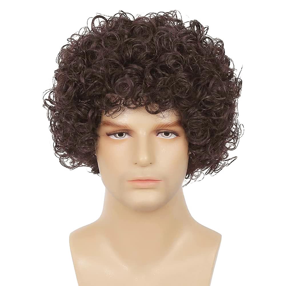 Men's Short Brown Curly Afro Wig - Fluffy Rocker Synthetic Hairpiece for Cosplay & Costume (Dark Brown) - Perfect for Halloween, Parties & Themed Events