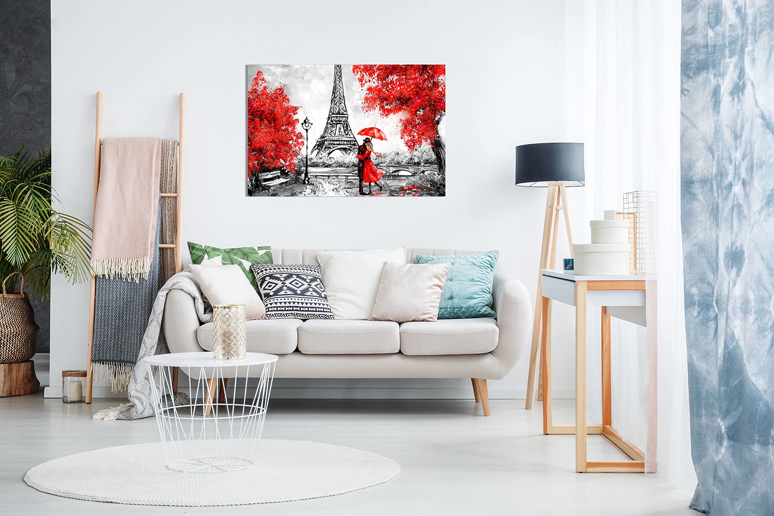 Paris Eiffel Tower Oil Painting Reproduction - Red Umbrella Canvas Wall Art Print (30x20) - Perfect for Living Room, Bedroom & Office Decor
