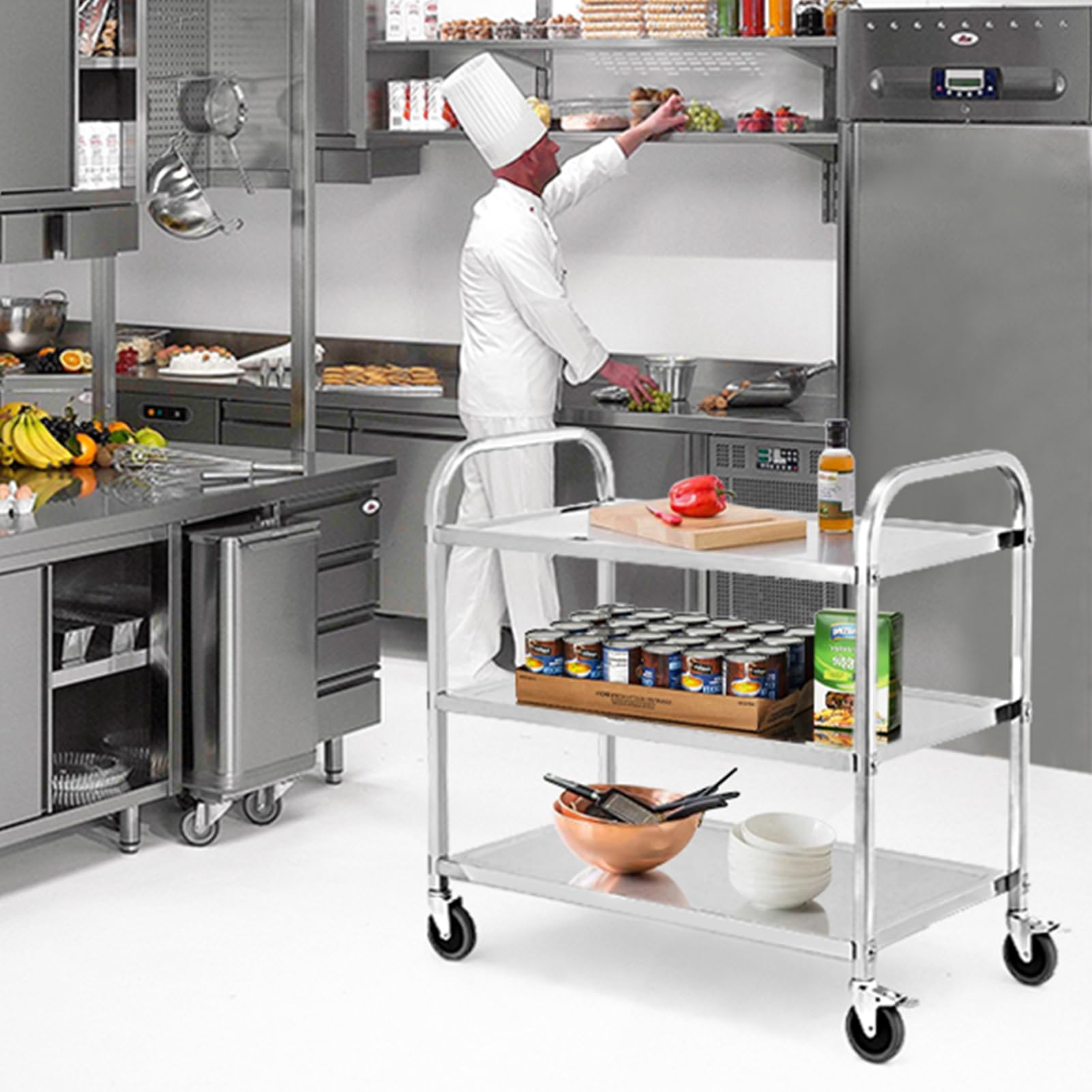 GARVEE 3-Tier Heavy Duty Stainless Steel Utility Cart with Handle & Locking Wheels - 265Lbs Capacity (85x45x90cm) - Perfect for Kitchen, Restaurant, Hospital, Lab & Home Organization