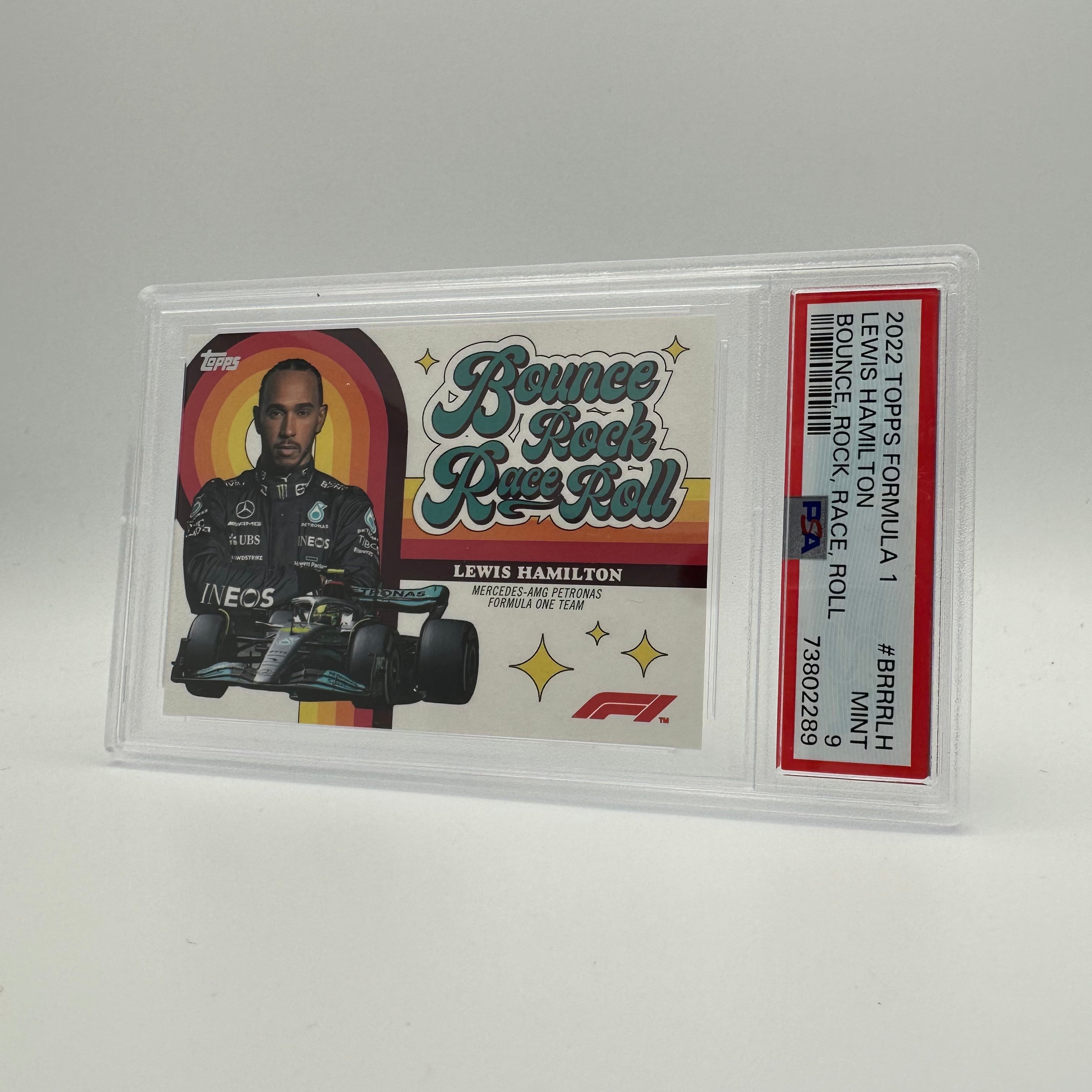 PSA 9 Graded Lewis Hamilton Bounce Rock Race Roll #BRRRLH - Rare F1 Trading Card for Collectors & Motorsport Fans - Perfect for Display, Investment & Memorabilia Collections