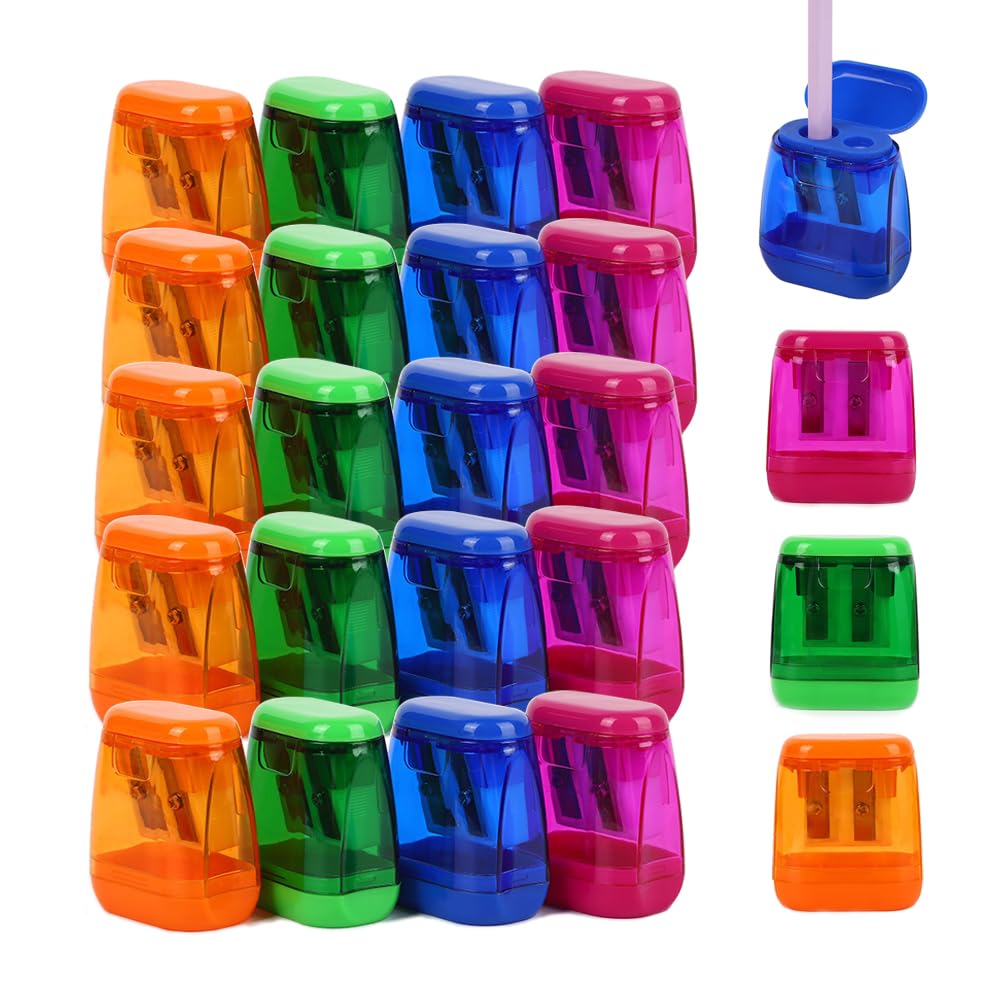 Bulk 24-Pack Colored Manual Pencil Sharpeners - Dual Hole Handheld Sharpener with Lid for Kids & Adults - Perfect for Classroom, School, Office & Home Use