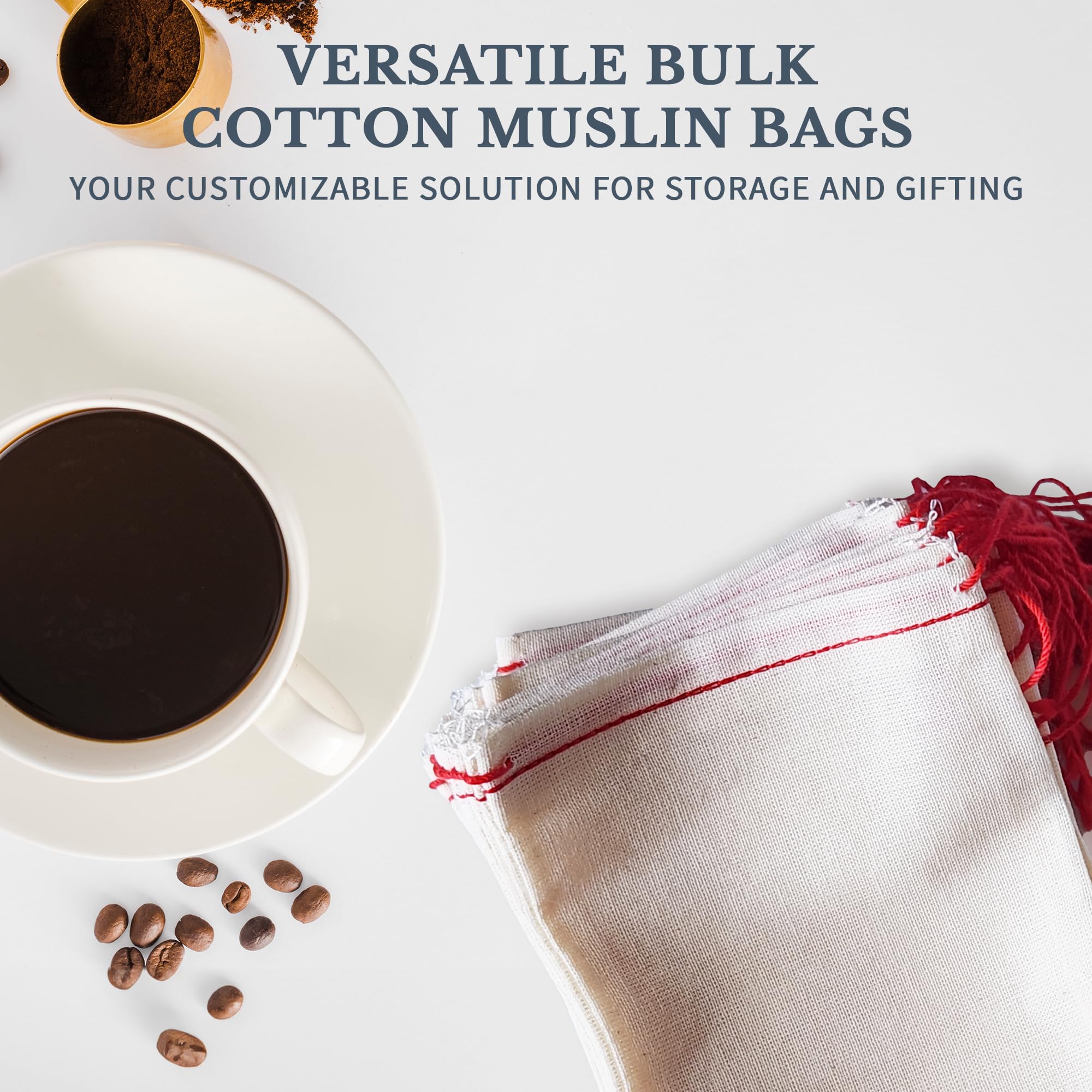 Premium 100% Cotton Muslin Drawstring Bags - 5x7 Inch Reusable Tea Bags, Jewelry Pouches & Spice Sachets (Pack of 100) - Made in USA - Natural Gift Packaging for Weddings, Baby Showers & Party Favors - Red Hem Detail