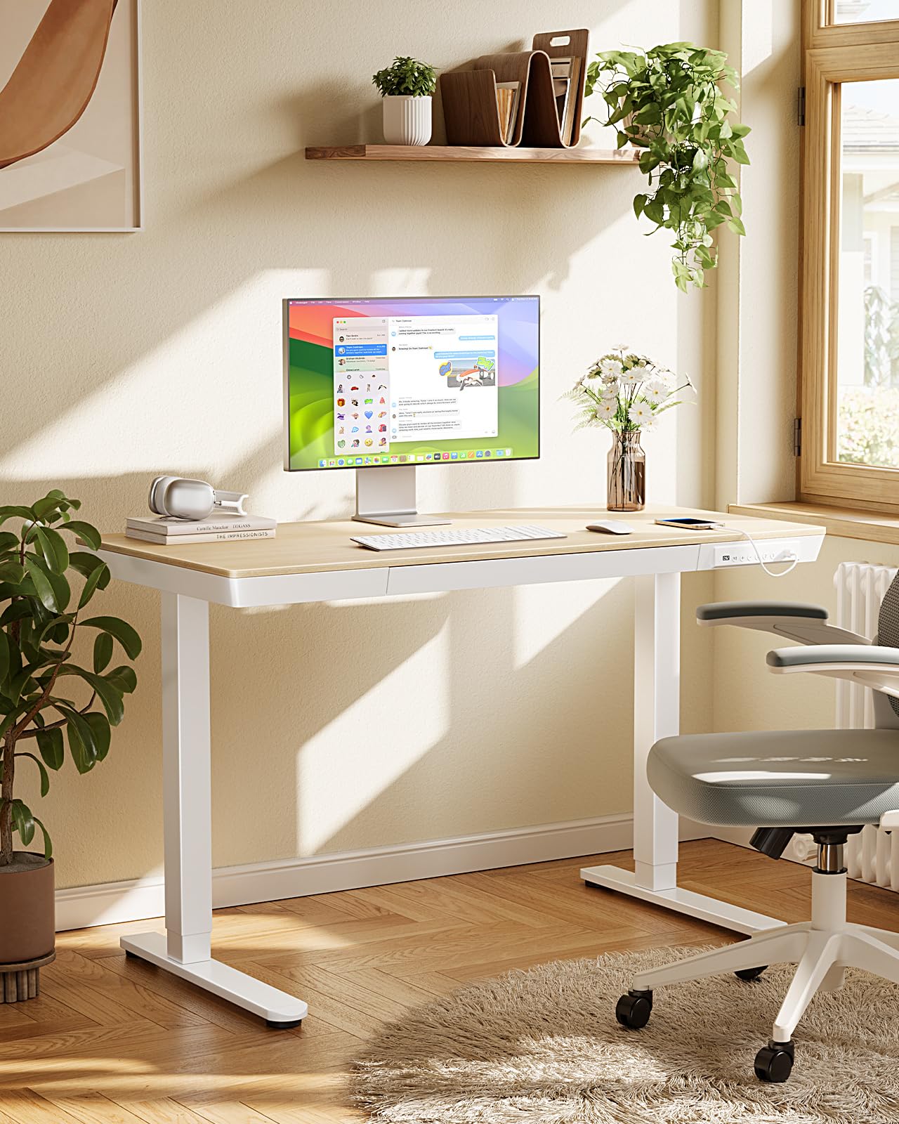 Marsail 48 x 24 Inch Electric Height Adjustable Standing Desk with Drawer, USB Charging Ports & Storage - Solid Wood Sit Stand Desk for Home Office, Gaming & Workstation Setup