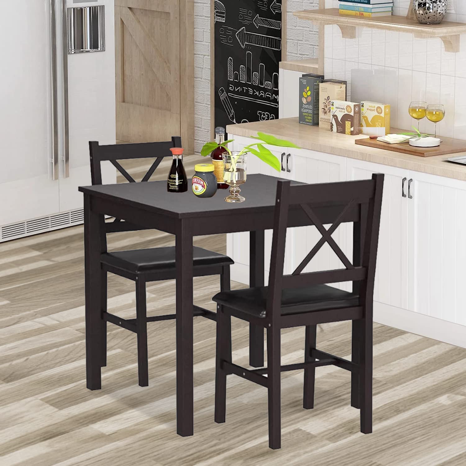 3-Piece Wooden Dining Table Set - Square Kitchen Table & Chairs for 2 - Sturdy Breakfast Nook Set for Small Spaces - Perfect for Home, Restaurant & Living Room - Brown Finish - Ideal for Compact Kitchens, Cozy Breakfast Nooks & Small Dining Areas