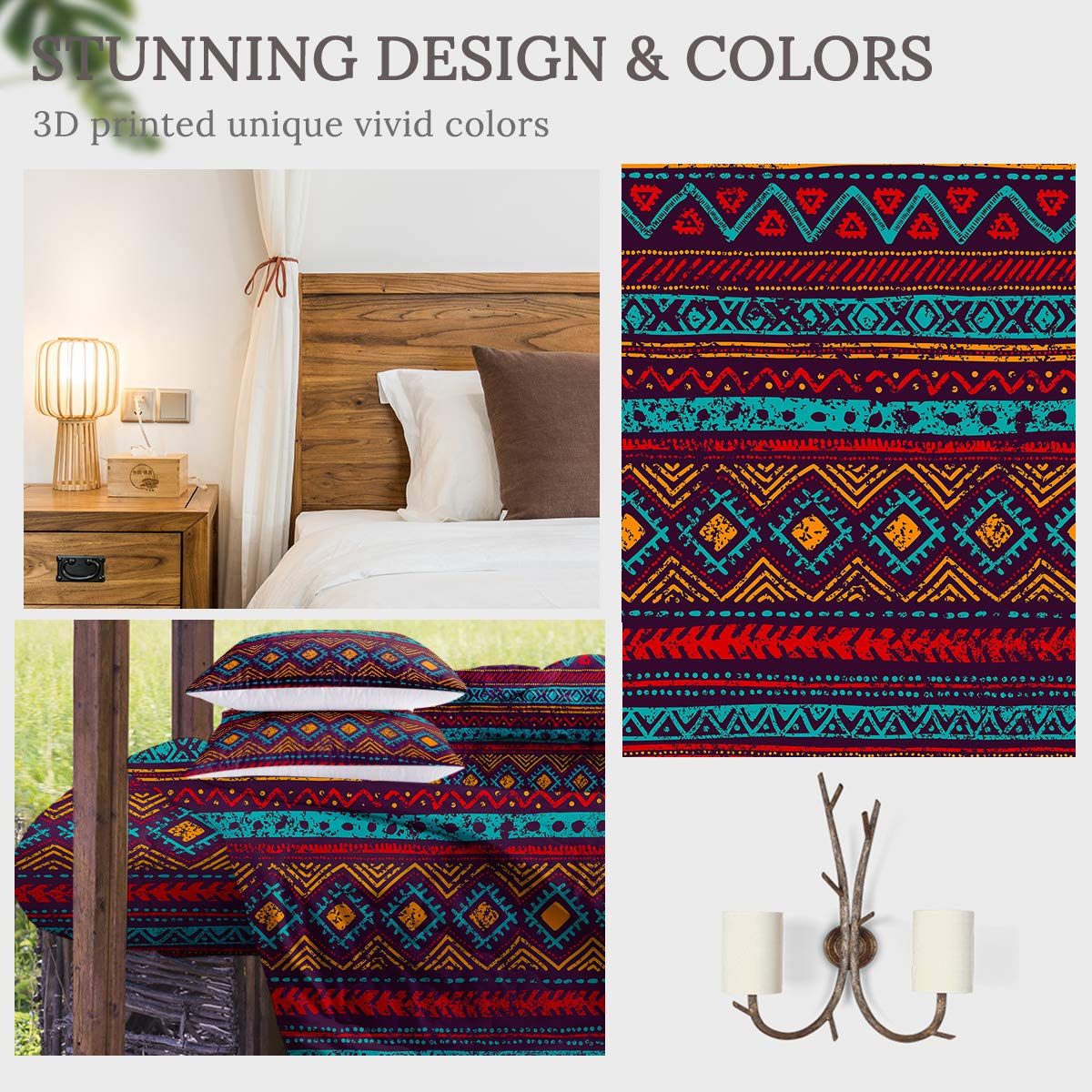 Sleepwish 3D Mosaic Printed Reversible Comforter Set - Full Size Tribal Ethnic Bedding Collection (4-Piece Set with 2 Pillow Shams & 1 Cushion Cover) for Bohemian Bedroom Decor & Guest Room Styling