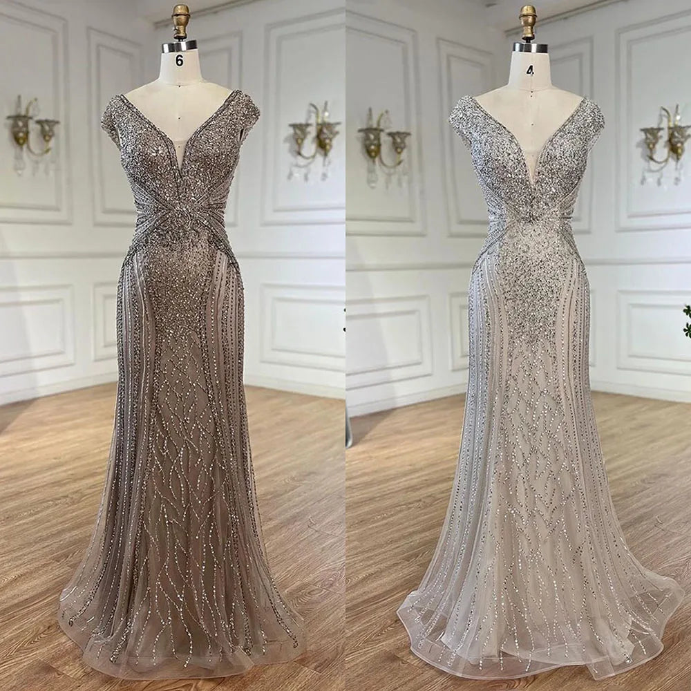 Elegant Beige Sleeveless Mermaid Evening Dress with Beaded Arabic Design for Women - Dubai Serene Hill LA72456 | Perfect for Wedding Parties, Formal Events & Special Occasions 2025
