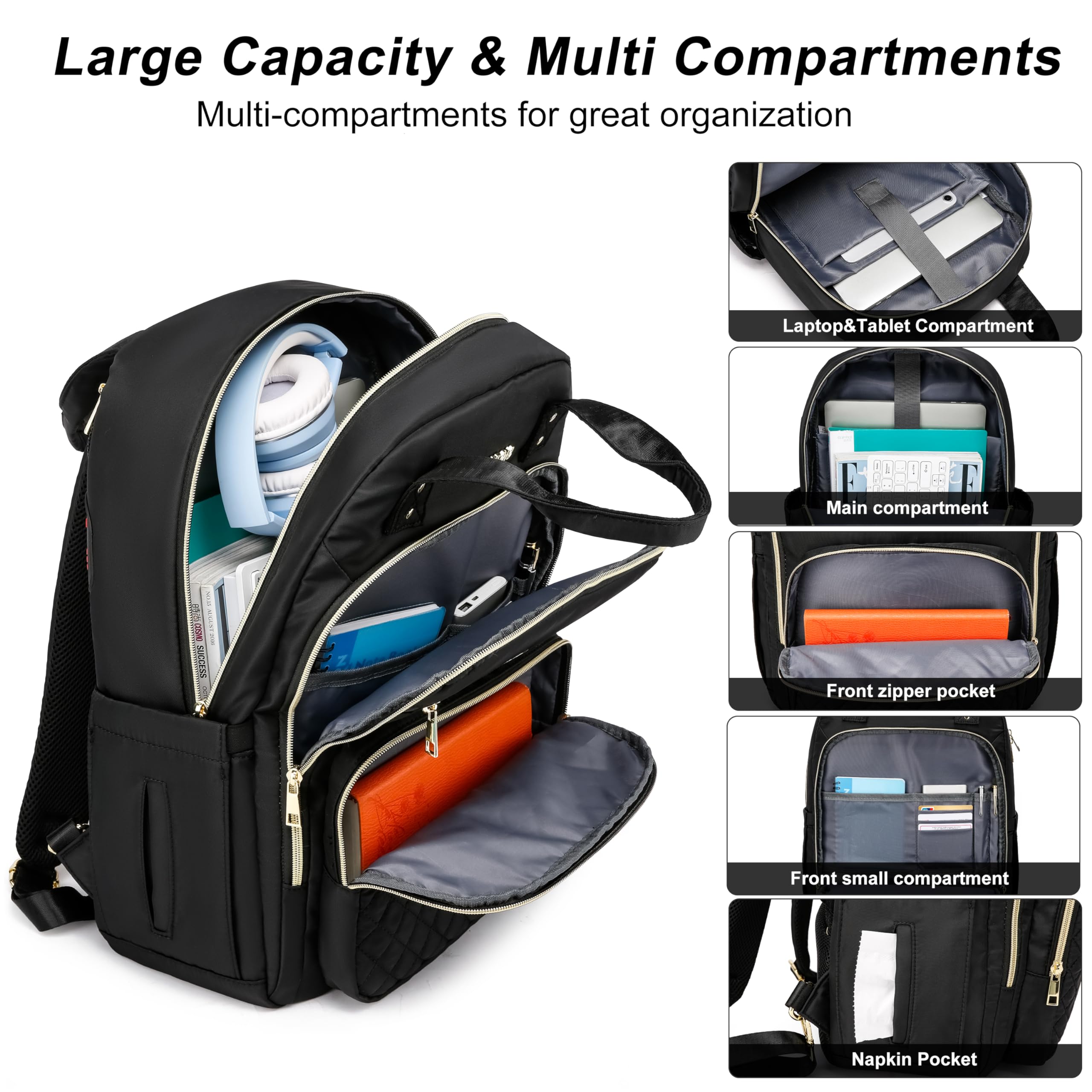 CAFELE Women's Convertible Backpack with USB Charging Port - 17.3 Inch Anti-Theft Laptop Backpack for College, Work & Travel | Stylish Shoulder Purse & Business Bag (Quilted Black) - Perfect for Commuting, Office, School, Campus Life & Daily Use | Great for Professionals, Students & Teachers | Ideal for Business Meetings, Coffee Shops, Air Travel & Urban Lifestyle