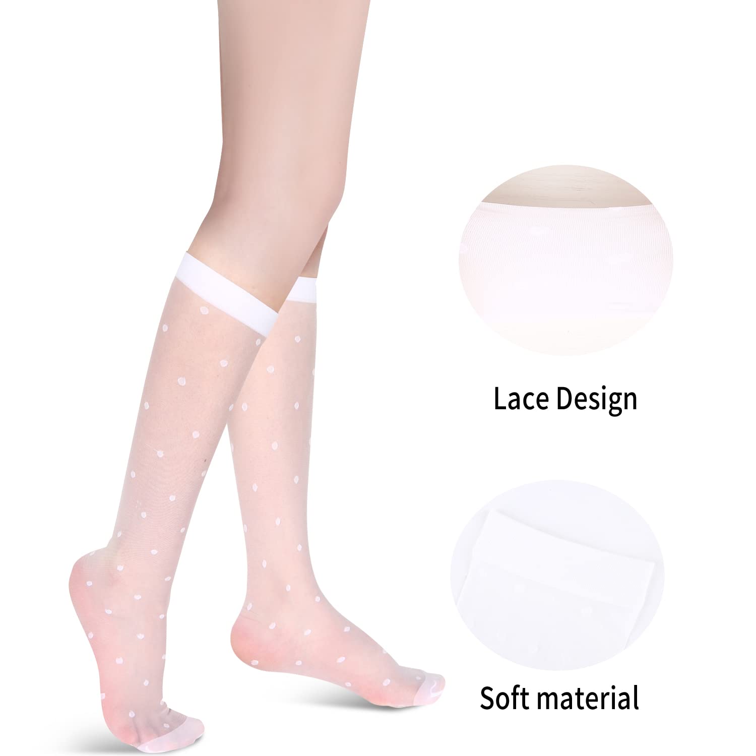 Benefeet Women's Sheer Knee High Socks - Black & White Lace Stockings for Kawaii Lolita Fashion