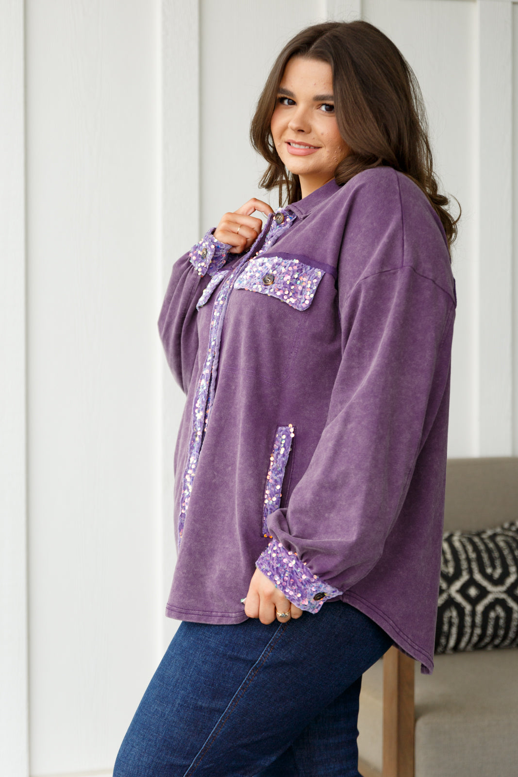 Purple Sequins Shacket for Women - Stylish Sparkly Jacket for Parties, Night Out & Special Occasions