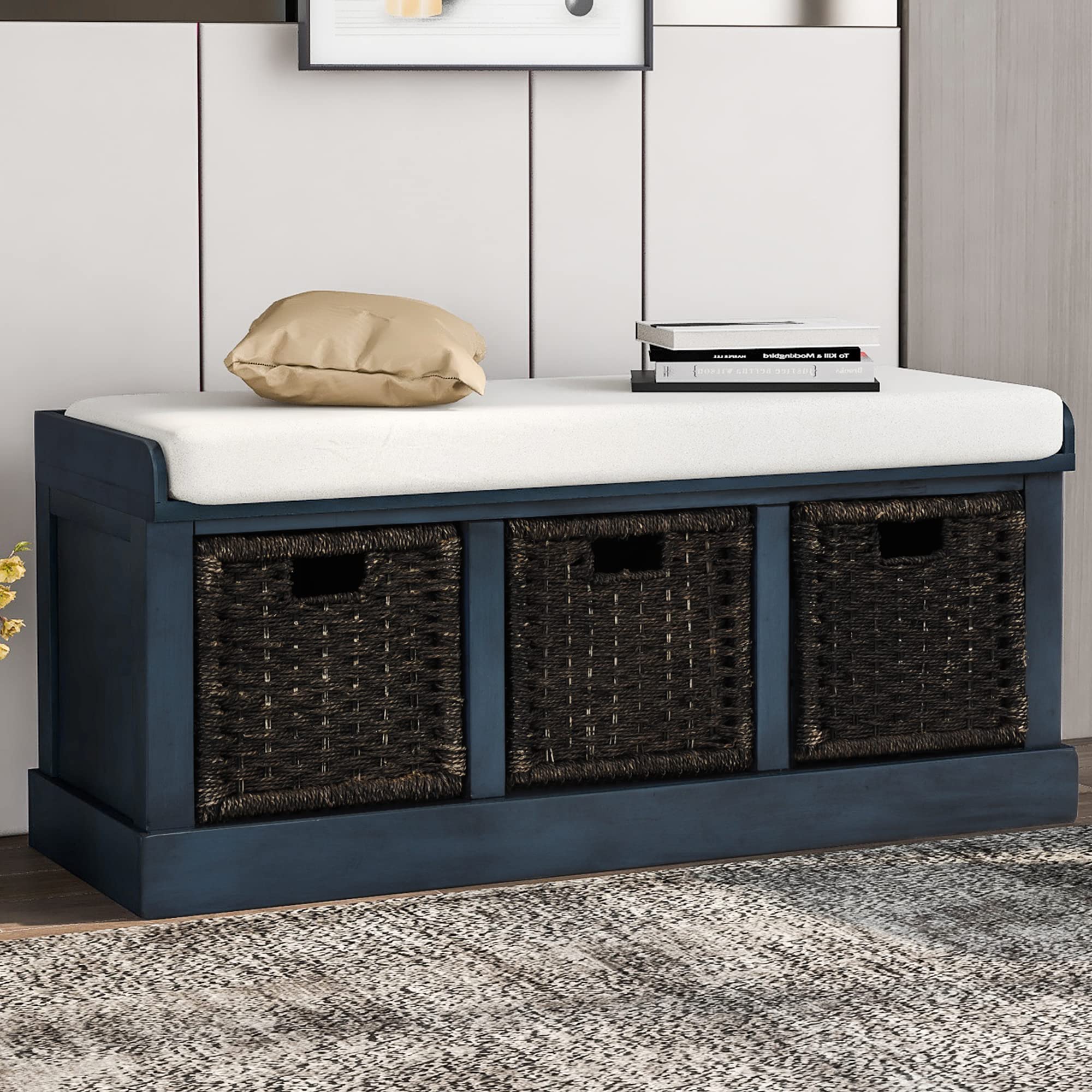 Rustic Wood Entryway Storage Bench with Removable Cushion & 3 Classic Rattan Baskets - Antique Navy Hallway Bench for Bedroom, Living Room & Entrance - Perfect for Organizing Shoes, Coats & Home Decor