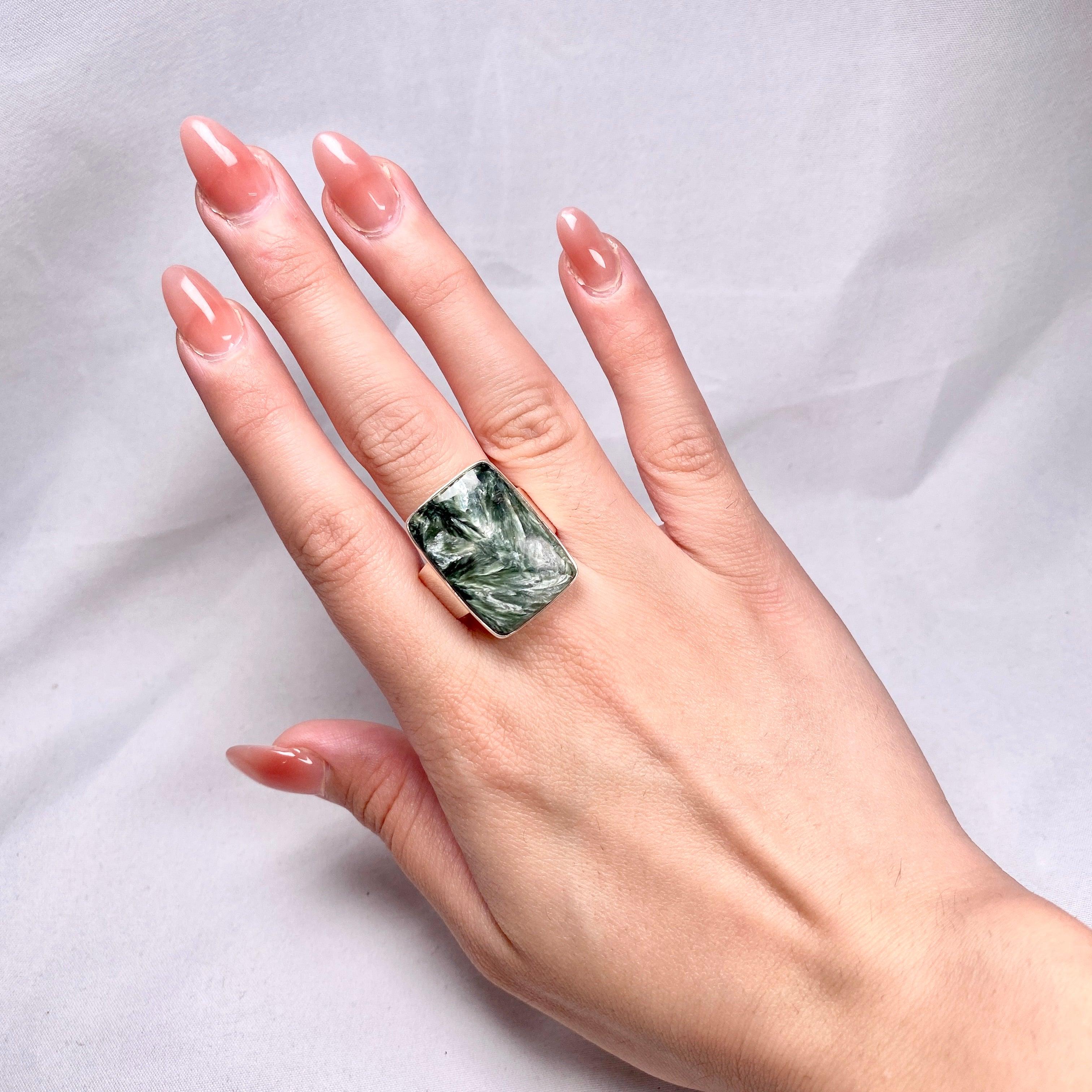 Seraphinite Rectangular Ring Size 12 KRGJ2828 – Elegant Green Gemstone Jewelry for Women, Perfect for Weddings, Parties & Special Occasions