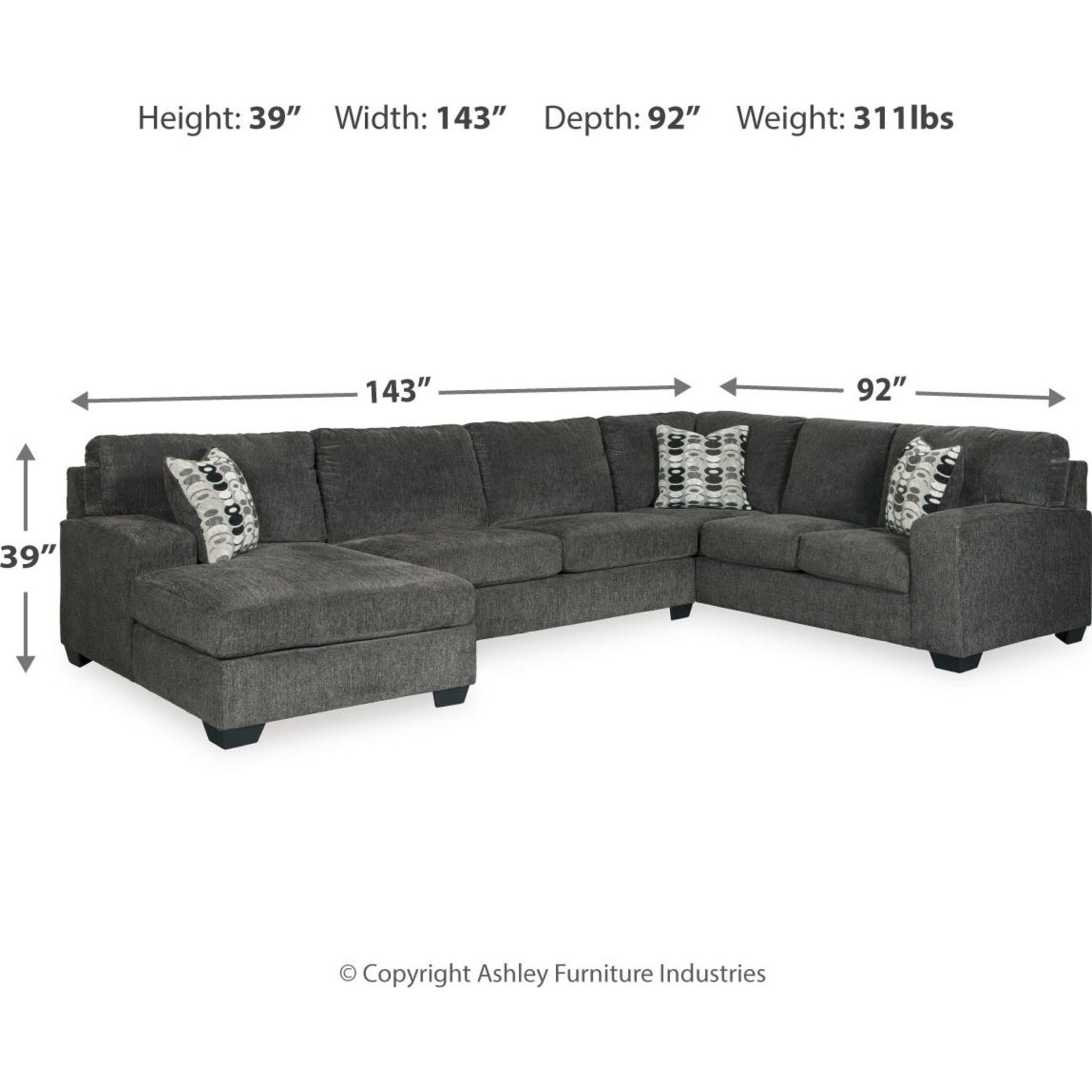 Ballinasloe 3-Piece Sectional Sofa with Chaise Lounge | Modern L-Shaped Couch for Living Room, Family Room & Apartment | Comfortable Fabric Sectional with Reversible Chaise