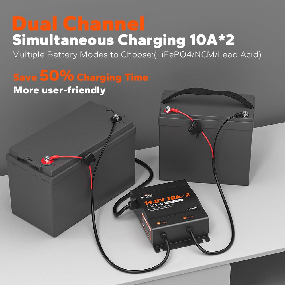LiTime 2-Bank 10A Dual Smart Battery Charger for LiFePO4 & Lead Acid Batteries - 14.6V AC-DC Charger with Fuse & LED Indicator - Perfect for RV, Boat, Motorcycle, Lawn Mower, Trolling Motor - Fast Charging & Reliable Power Supply for Outdoor Adventures & Marine Applications