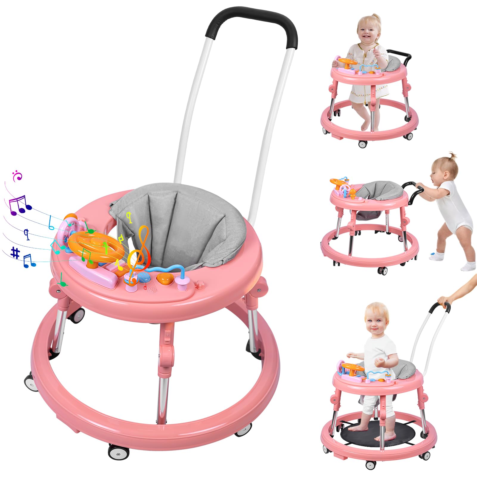 Foldable 9-Speed Adjustable Baby Walker with Wheels & Music - Anti-Slip Foot Pads & Activity Center for Infants 6-24 Months | Safe Learning Walker for Boys & Girls | Perfect for First Steps & Indoor Playtime