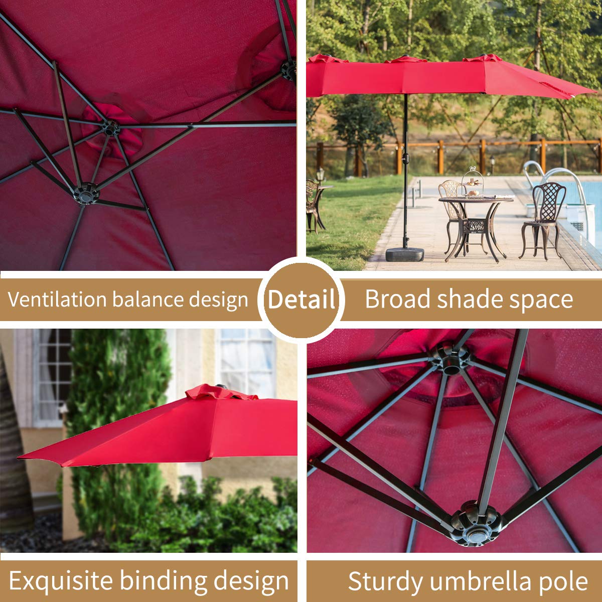 PatioFestival 15Ft Double-Sided Outdoor Market Umbrella with Crank Handle & Included Base - Extra Large Sun Shade for Patio, Poolside, and Backyard Relaxation