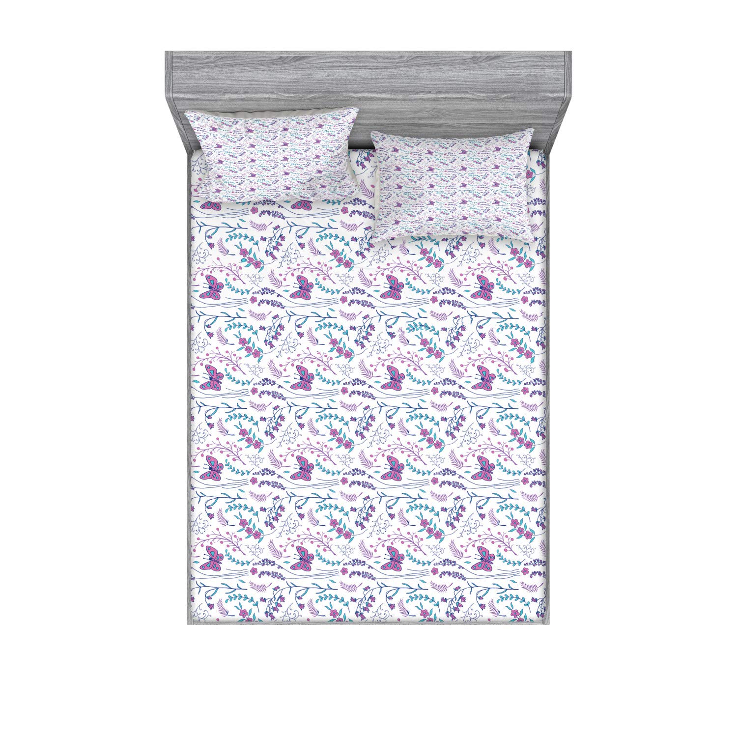 Ambesonne 3-Piece Spring Floral Bedding Set - Full Size Fitted Sheet & Pillow Shams with Romantic Butterflies & Leaf Design in Dark Turquoise Blue | Perfect for Guest Rooms, Spring Home Decor & Cozy Bedroom Makeover