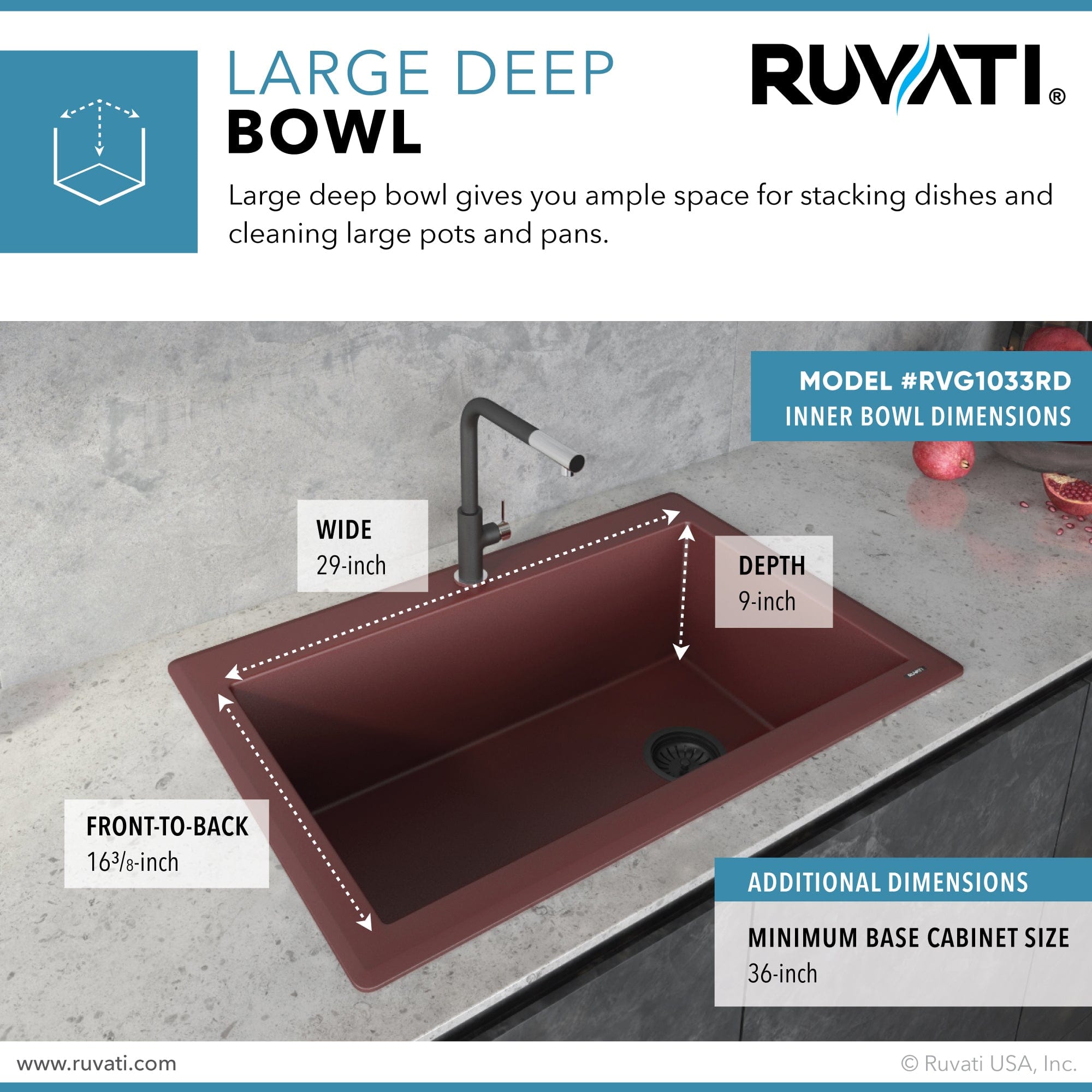 Ruvati RVG1033RD 33-inch Topmount Single Bowl Kitchen Sink - Premium epiGranite Composite - Perfect for Modern Kitchens, Small Spaces & RV Use