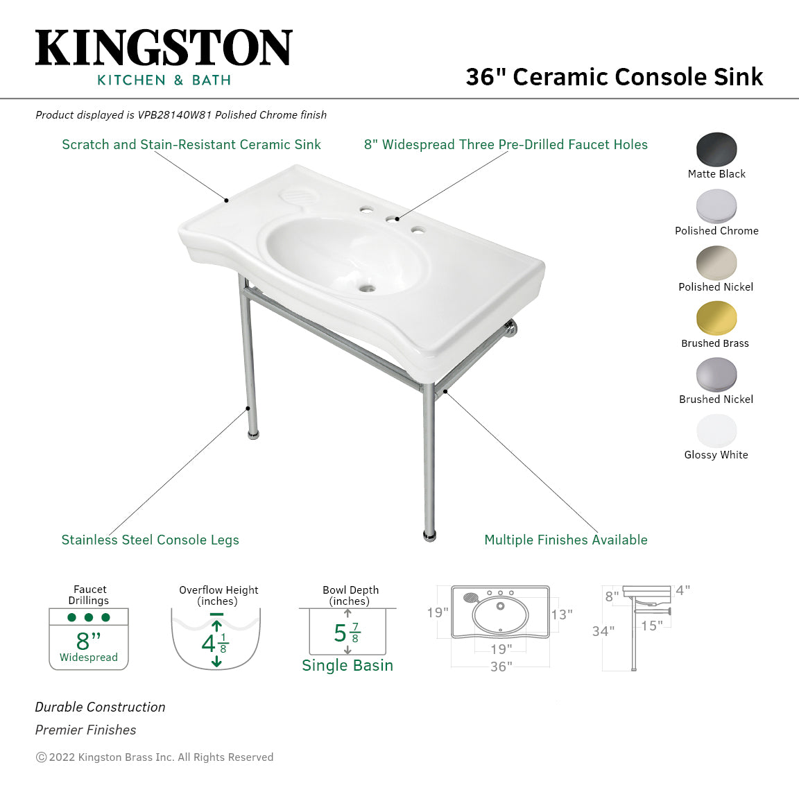 Bristol VPB28140W80 36-Inch White Ceramic Console Sink with Matte Black Stainless Steel Legs – 8-Inch, 3-Hole Bathroom Vanity Sink for Modern Farmhouse & Industrial Style Homes