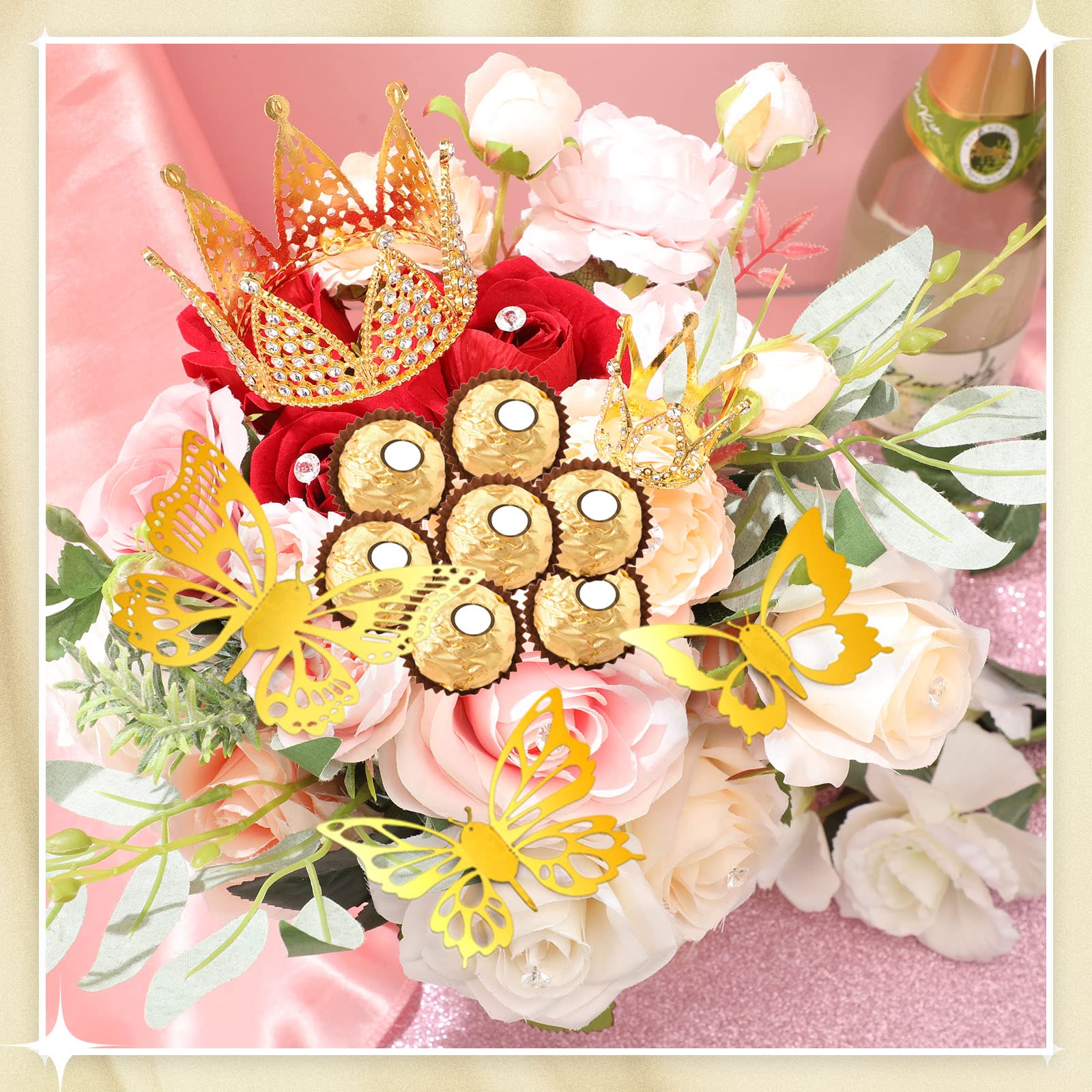 Estune 202-Piece Floral Bouquet Accessory Kit - 6 Mini Gold Crowns, 96 3D Gold Butterflies & 100 Diamond Flower Pins for Wedding, Birthday Party & Cake Decorations | DIY Floral Arrangement Supplies for Centerpieces, Gift Wrapping & Craft Projects