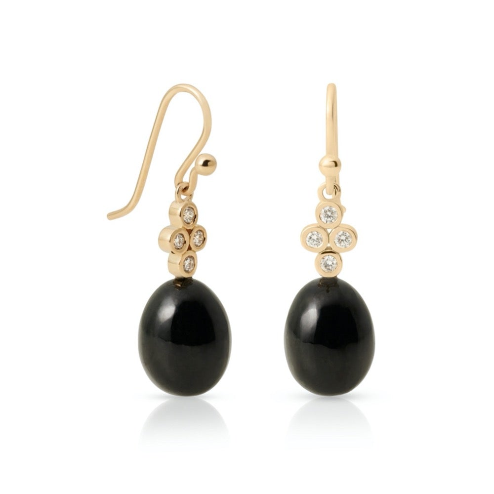 Exquisite Black Nephrite Jade & Diamond Drop Earrings for Women | Elegant Dangle Earrings for Parties, Weddings & Special Occasions | 925 Sterling Silver Jewelry Gift