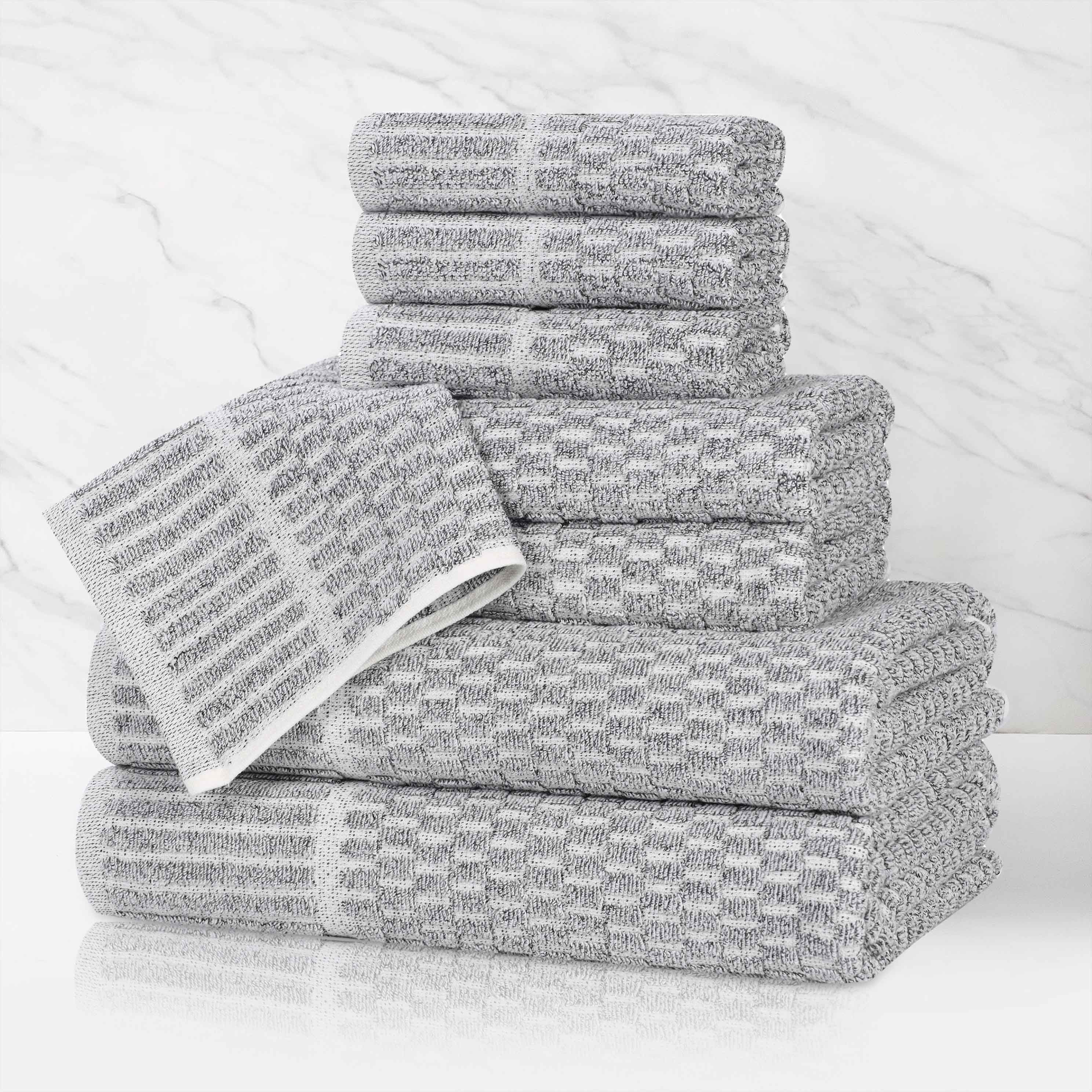 Premium 8-Piece Cotton Blend Checkered Border Towel Set - Medium Weight, Soft & Absorbent for Bathroom, Kitchen & Guest Use
