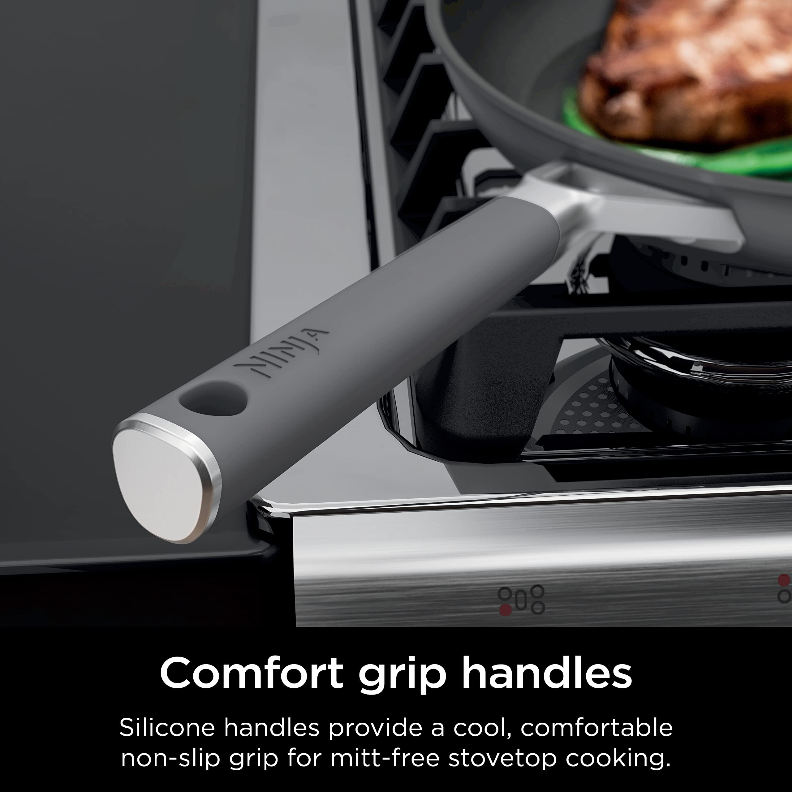 Ninja CW60030 NeverStick Comfort Grip 12-Inch Nonstick Frying Pan - Durable, Scratch Resistant, Dishwasher & Oven Safe (Up to 400°F) with Silicone Handles, Grey - Perfect for Searing, Frying & Baking at Home