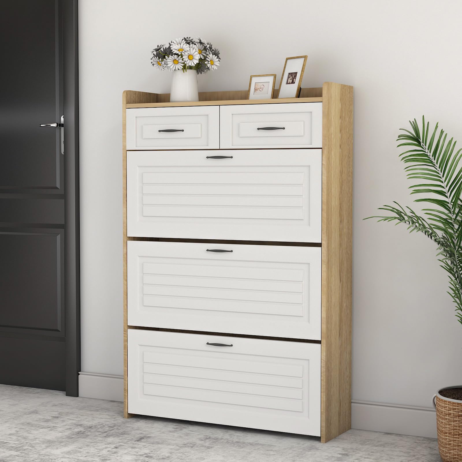 Slim Shoe Storage Cabinet with 3 Flip Doors & 2 Drawers - Freestanding Entryway Shoe Organizer Rack in Oak Color - Perfect for Small Spaces, Apartments & Closet Organization (One Size)