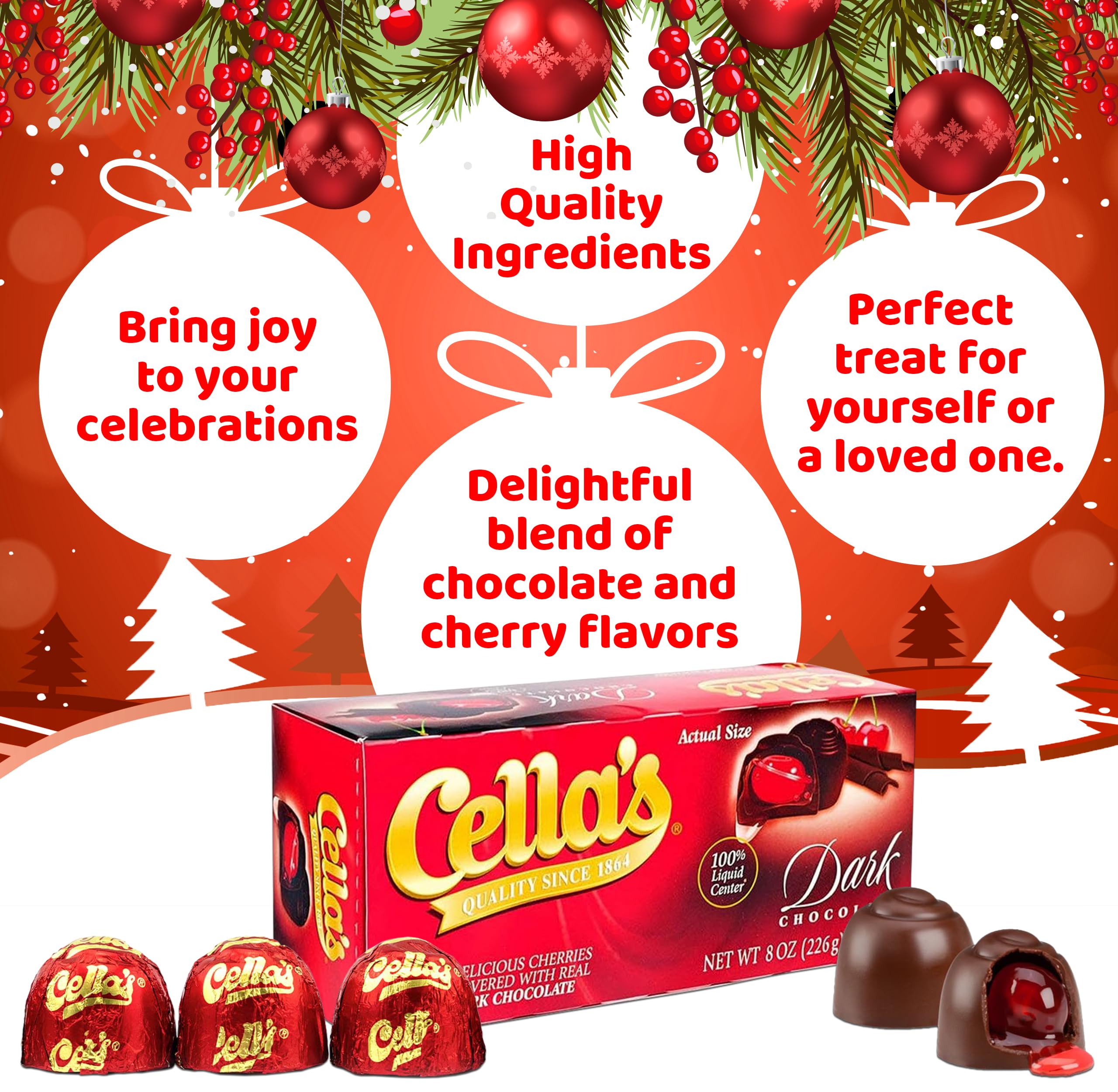 Premium Dark Chocolate Covered Cherries - 8oz (3-Pack) Gourmet Christmas Gift Box with Individually Wrapped Candies | Holiday Treats, Party Favors & Sweet Gifts
