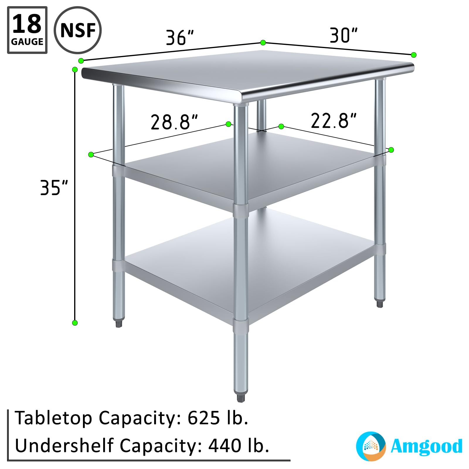 AmGood NSF Certified Stainless Steel Work Table with 2 Shelves - 36