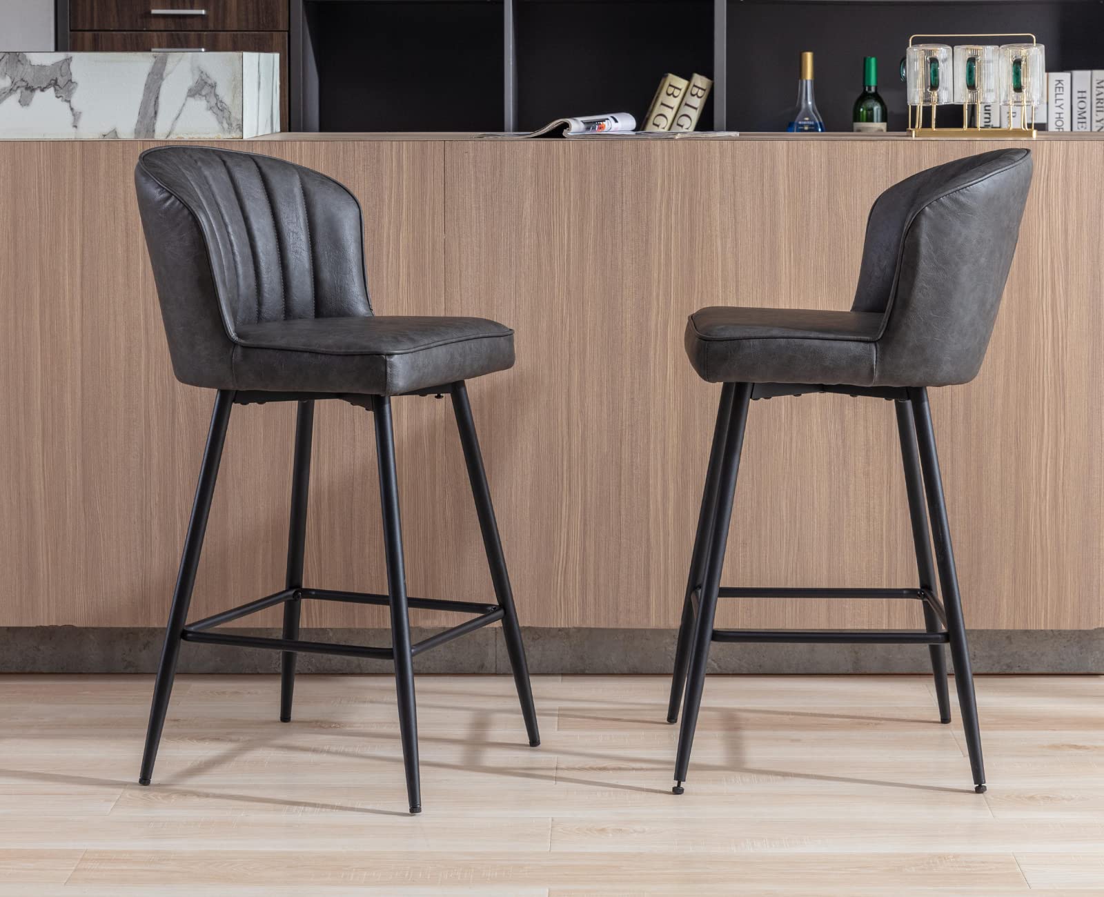 EALSON 26 Inch Counter Height Bar Stools Set of 4 - Modern Leather Bar Chairs with Backrest & Metal Footrest - Upholstered Kitchen Island Stools for Home Bar, Dining Room & Breakfast Nook - Grey - Perfect for Entertaining, Casual Dining & Kitchen Counter Seating