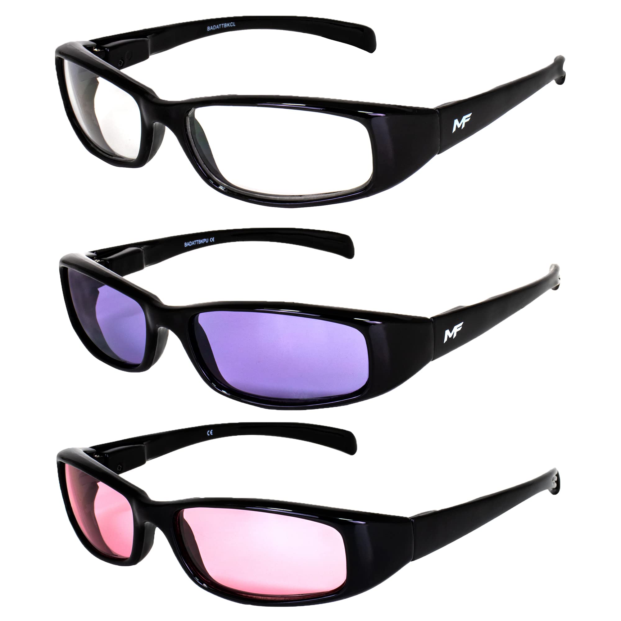 3 Pairs of MF Eyewear Bad Attitude Motorcycle Glasses - Shatterproof Polycarbonate, Black Frame, UV400 Protection, Scratch-Resistant - Clear, Purple & Rose Lenses for Motorcycle Riding, Cycling & Outdoor Sports