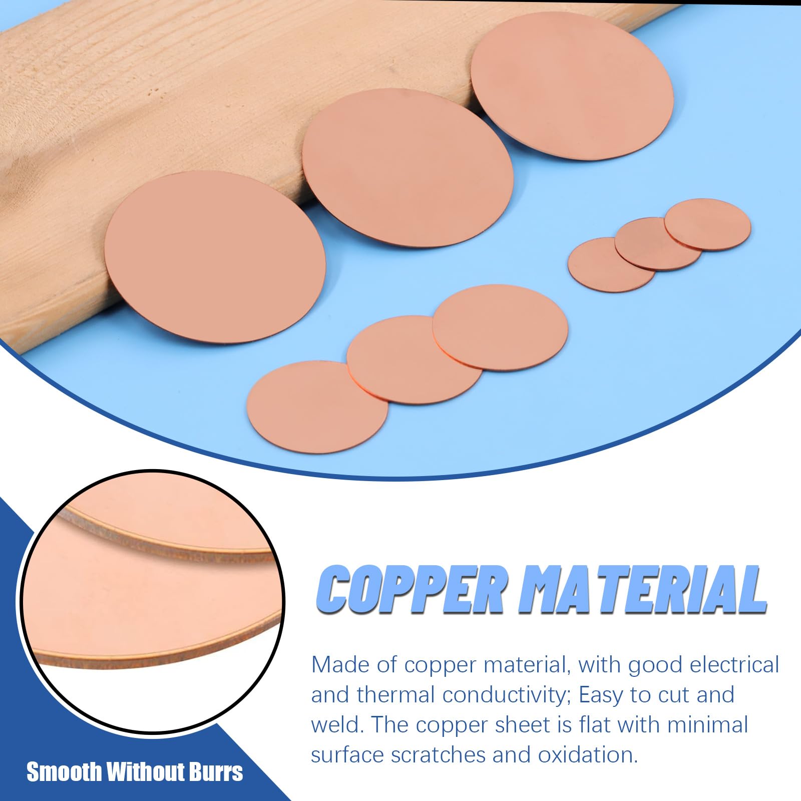 Glarks 18pcs Pure Copper Sheet Metal Discs - T2 Copper Round Plates (0.8/1.2/2mm x 0.02