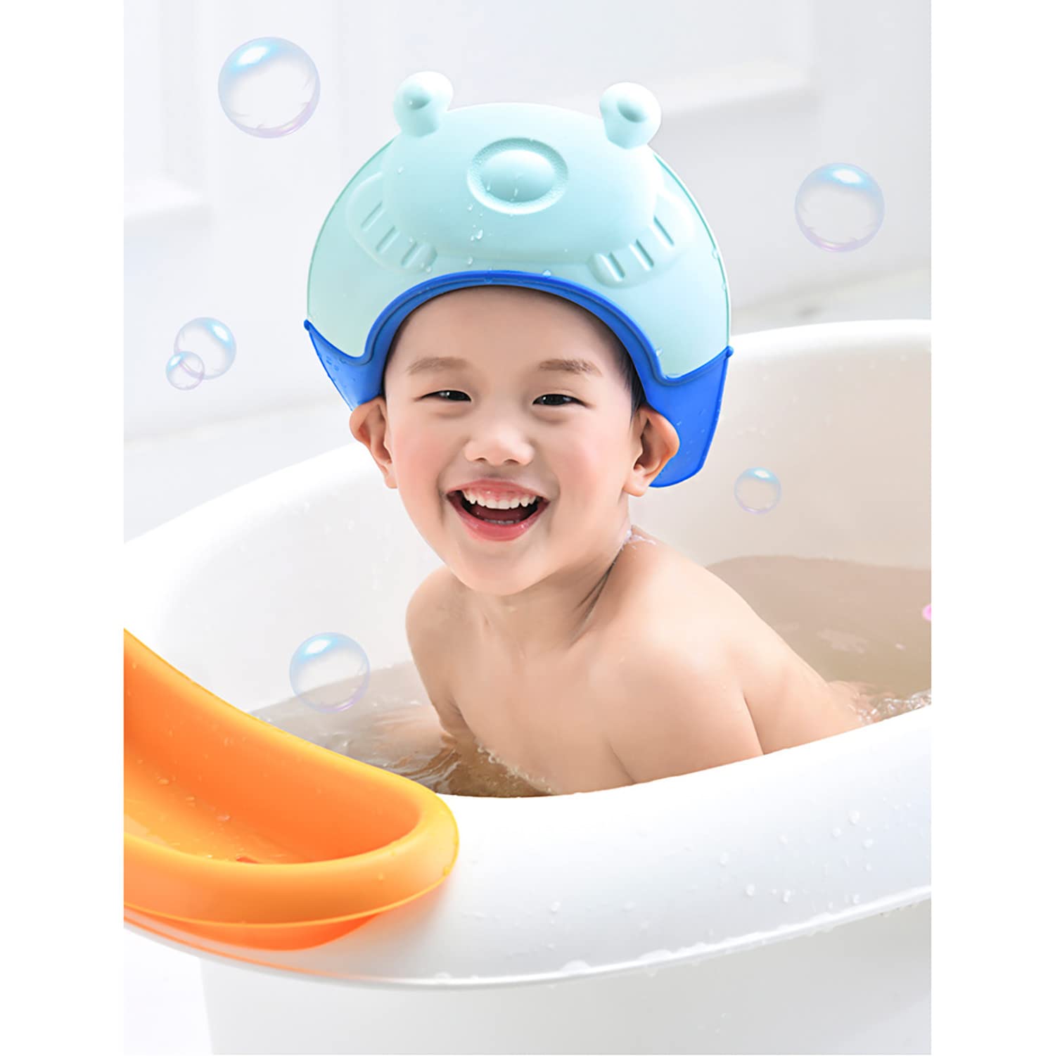 GUCHIGU Adjustable Baby Shower Cap - Soft Bath Visor for Hair Washing Protection - Waterproof Bathing Cap for Toddlers & Kids (Blue, SHP2146A) - Perfect for Bath Time, Hair Wash & Splash Play
