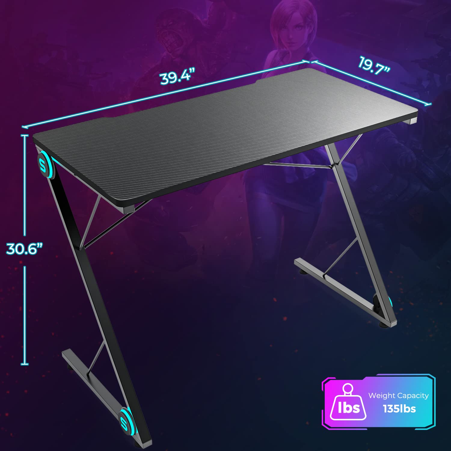 Z-Shaped Gaming Desk with LED Lights - Ergonomic Computer Desk for PC Gaming & Home Office Work - Space-Saving Black Gaming Table for Small Rooms | Perfect for Streamers & Gamers