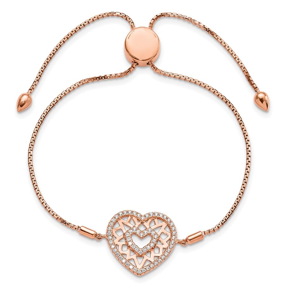 925 Sterling Silver Rose Gold Cubic Zirconia Heart Adjustable Bracelet for Women - Elegant Fine Jewelry Gift for Her (7