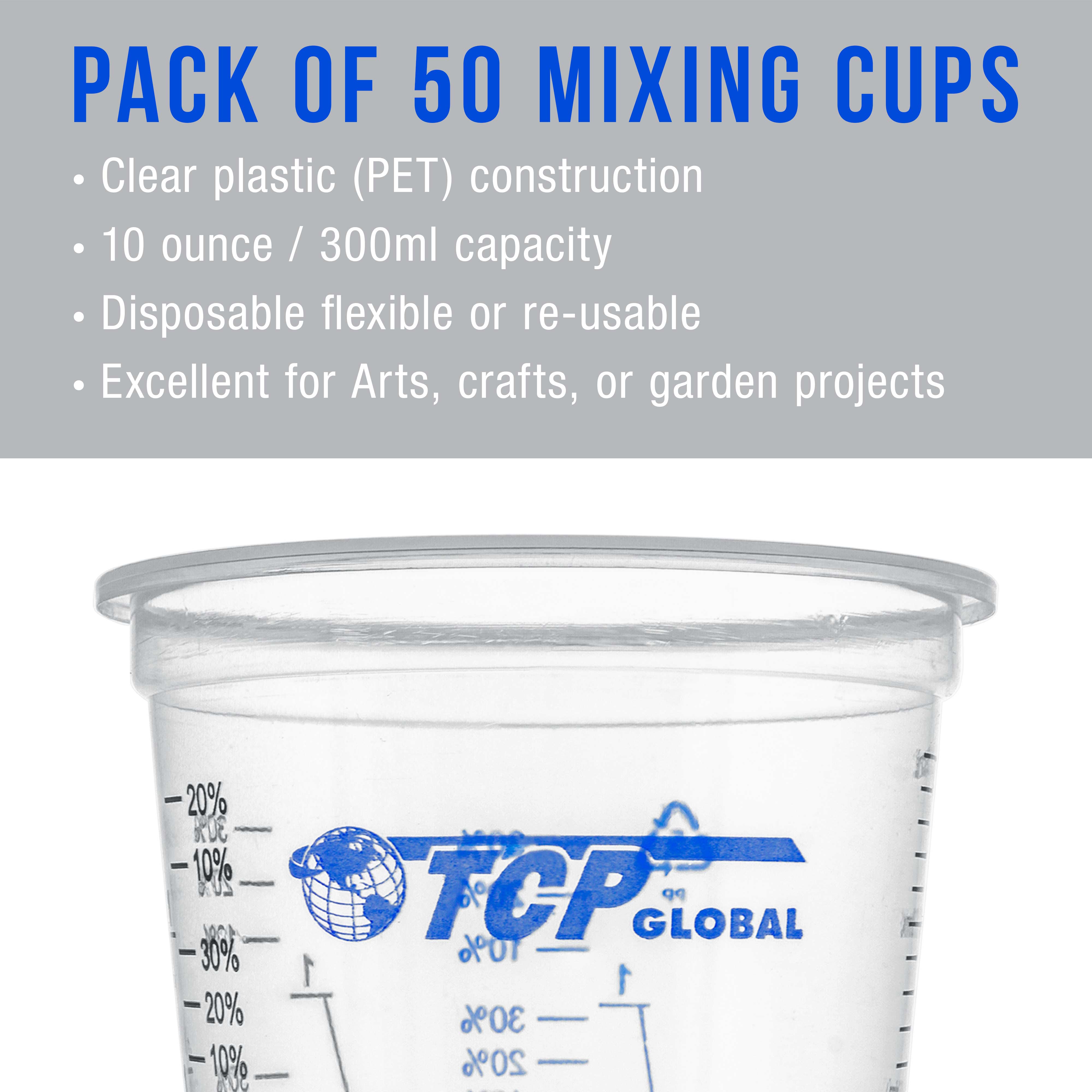 TCP Global 10 oz (300ml) Disposable Plastic Mixing Cups - Pack of 50 Cups & 50 Sticks - Clear Graduated Containers for Paint, Resin, Epoxy - Perfect for DIY Crafts, Art Projects & Home Repairs