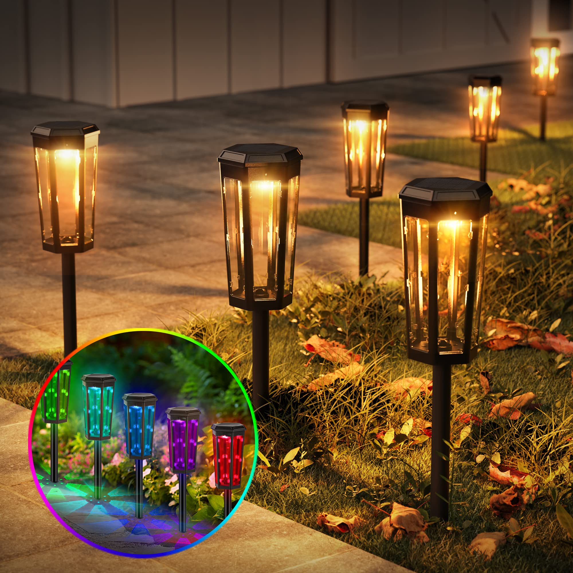 JACKYLED Solar Pathway Lights 6 Pack - 60LM Warm White & RGB Color Changing Outdoor Solar Lights with 1600mAh Battery for Garden, Lawn, Yard, Walkway, Patio - Perfect for Landscape Lighting & Nighttime Safety