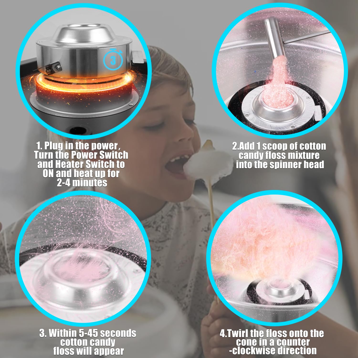 Commercial Cotton Candy Machine 1100W - Blue Electric Candy Floss Maker with Stainless Steel Bowl, Sugar Scoop & 50 Cones - Perfect for Birthday Parties, Carnivals, Family Events & Home Use