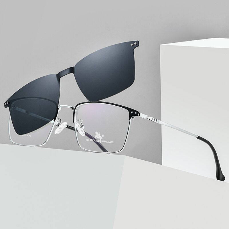 Bclear Men's Full Rim Square Alloy Frame Eyeglasses with Clip-On Polarized Sunglasses ZT94016 - Stylish Prescription Glasses & UV Protection for Driving, Outdoor Activities